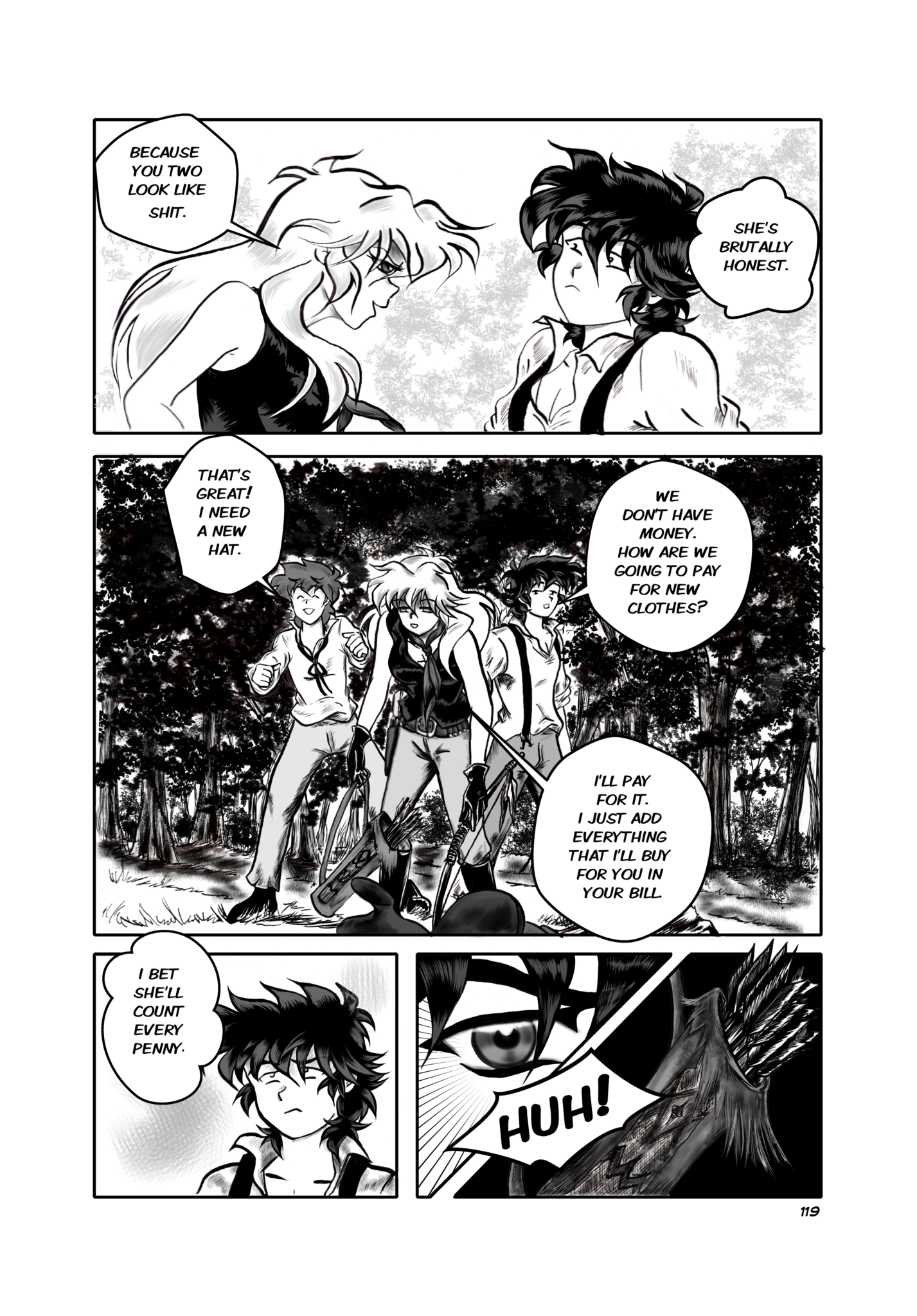 Legends of the West Graphic Novel five panels  page , black and white with grey tones , two panels page , Huck 's wondering why Sally is looking at him without saying nothing.