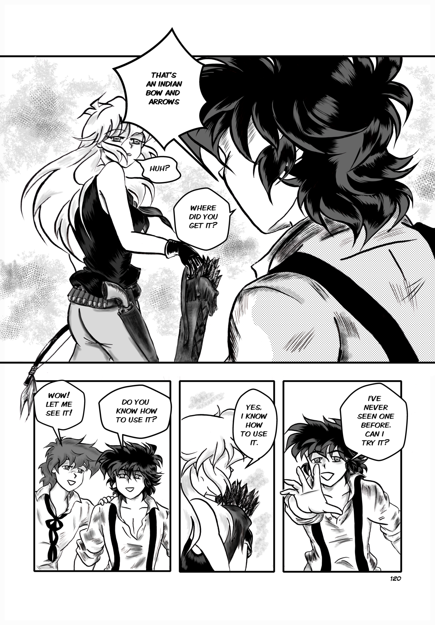 Legends of the West Graphic Novel five panels  page , black and white with grey tones , six panels page , first panel Sally compliments Huck for his bravery.