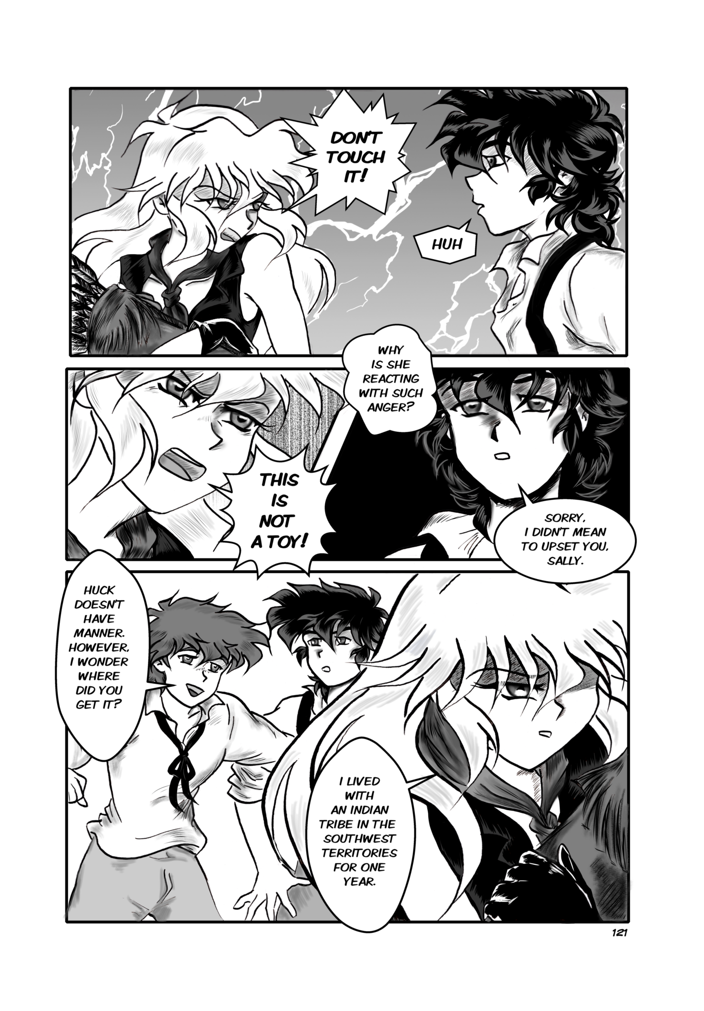 Legends of the West Graphic Novel five panels  page , black and white with grey tones , six panels page , the last panel Sally reveals that she's traveling by herself.