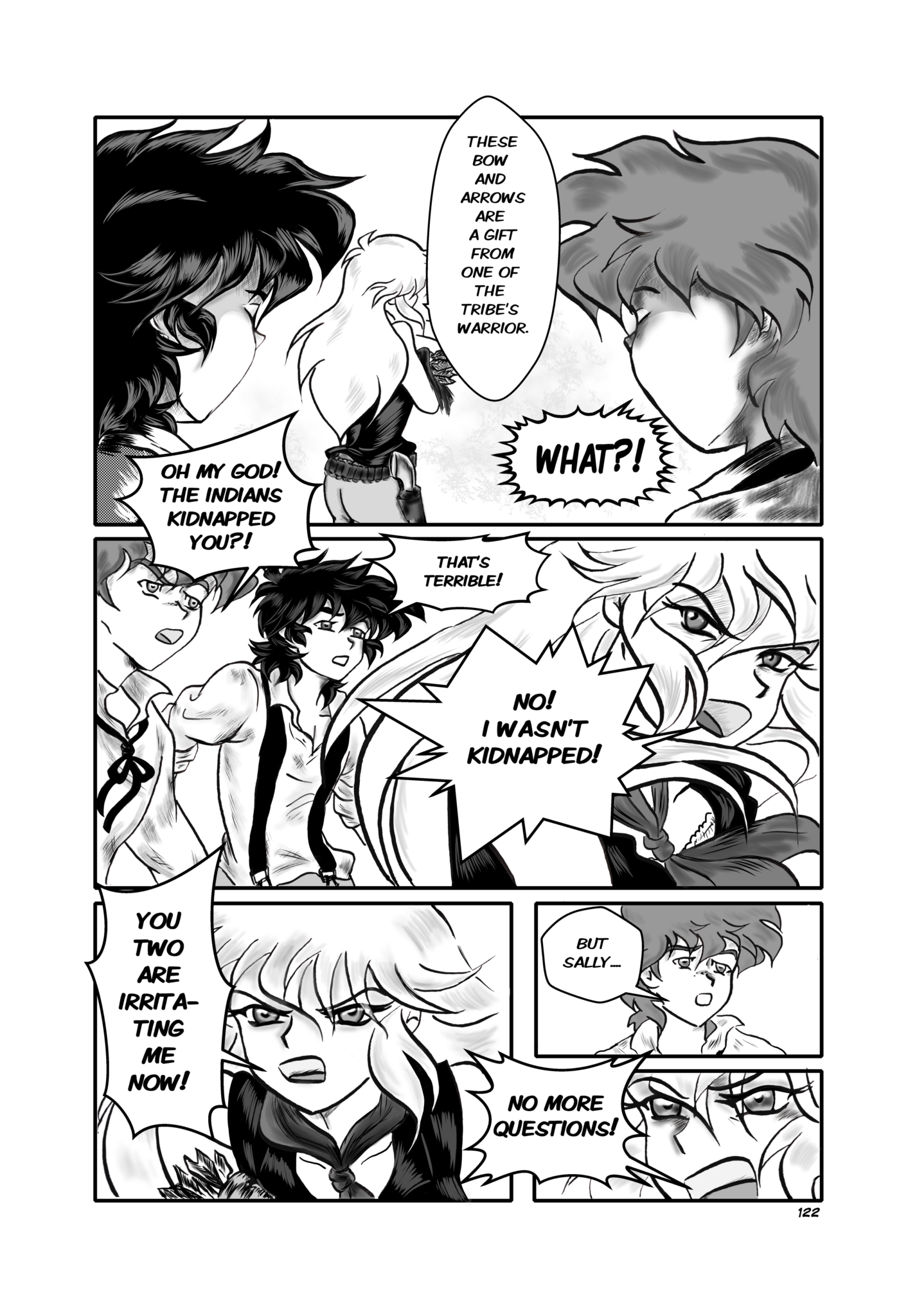 Legends of the West Graphic Novel five panels  page , black and white with grey tones , five panels page, Tom and Huck are shocked to hear  that Sally travels by herself.