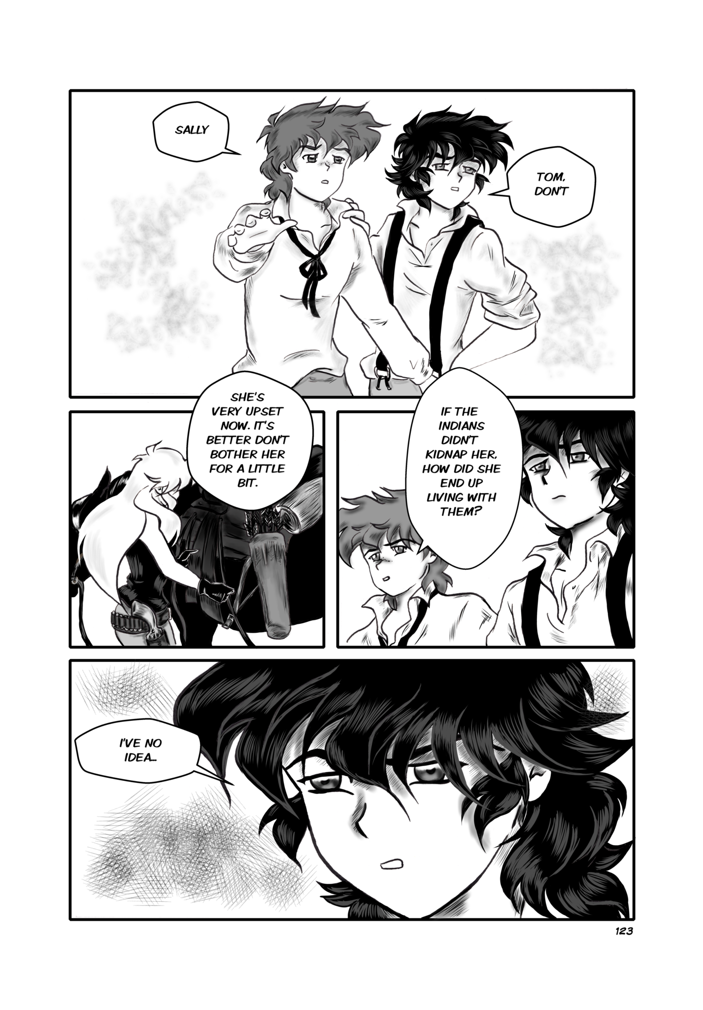 Legends of the West Graphic Novel five panels  page , black and white with grey tones , five panels page, Tom and Huck are shocked to hear  that Sally travels by herself.