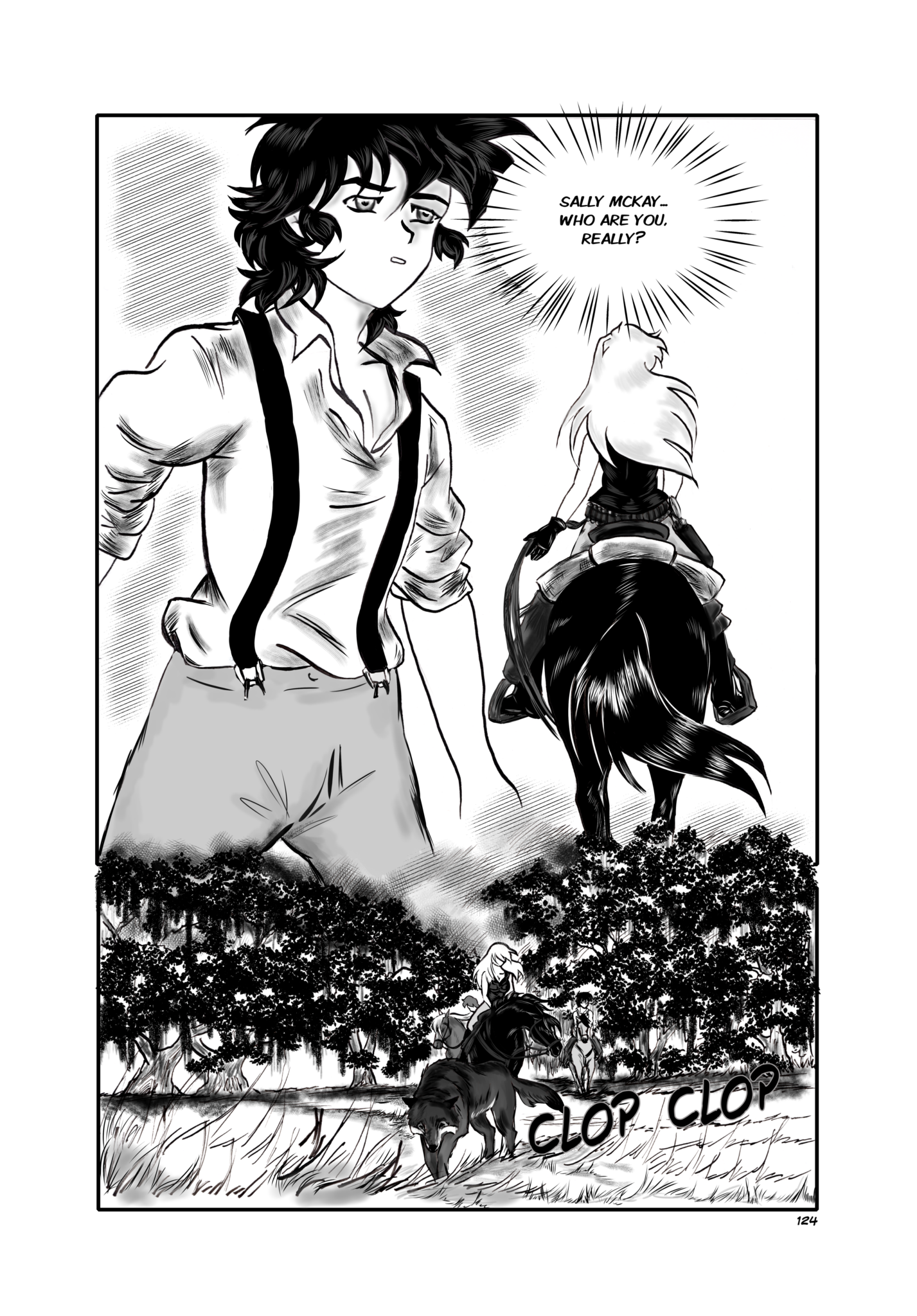 Legends of the West graphic novel page 124. Three panels page Huck is wondering what secret Sally is hiding.