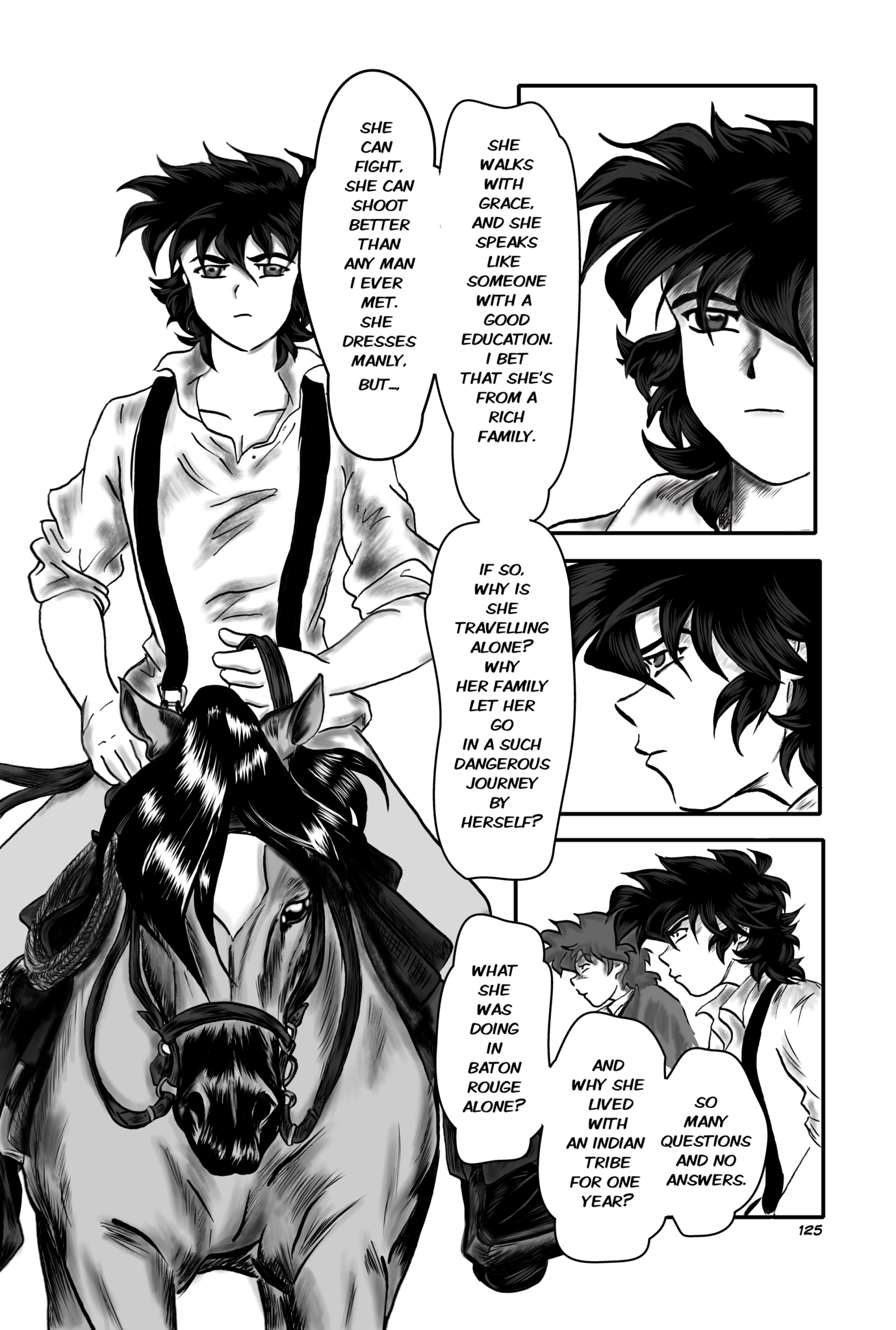 Legends of the West graphic novel page 125. Four panels comic page. Huck is starring at Sally asking himself questions about her.