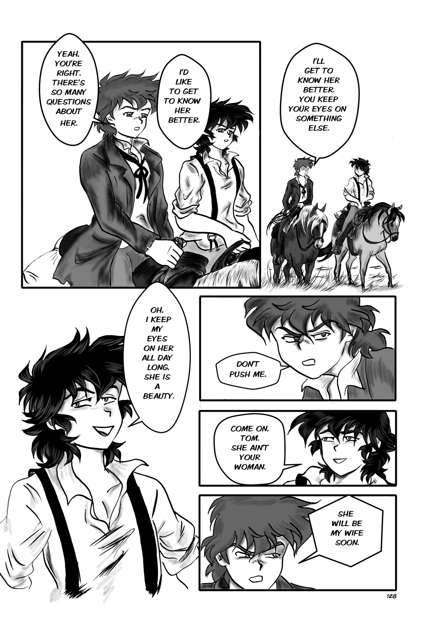 Legends of the West graphic novel page 128. Six panels comic page. Huck and Tom are talking about Sally while riding along together.