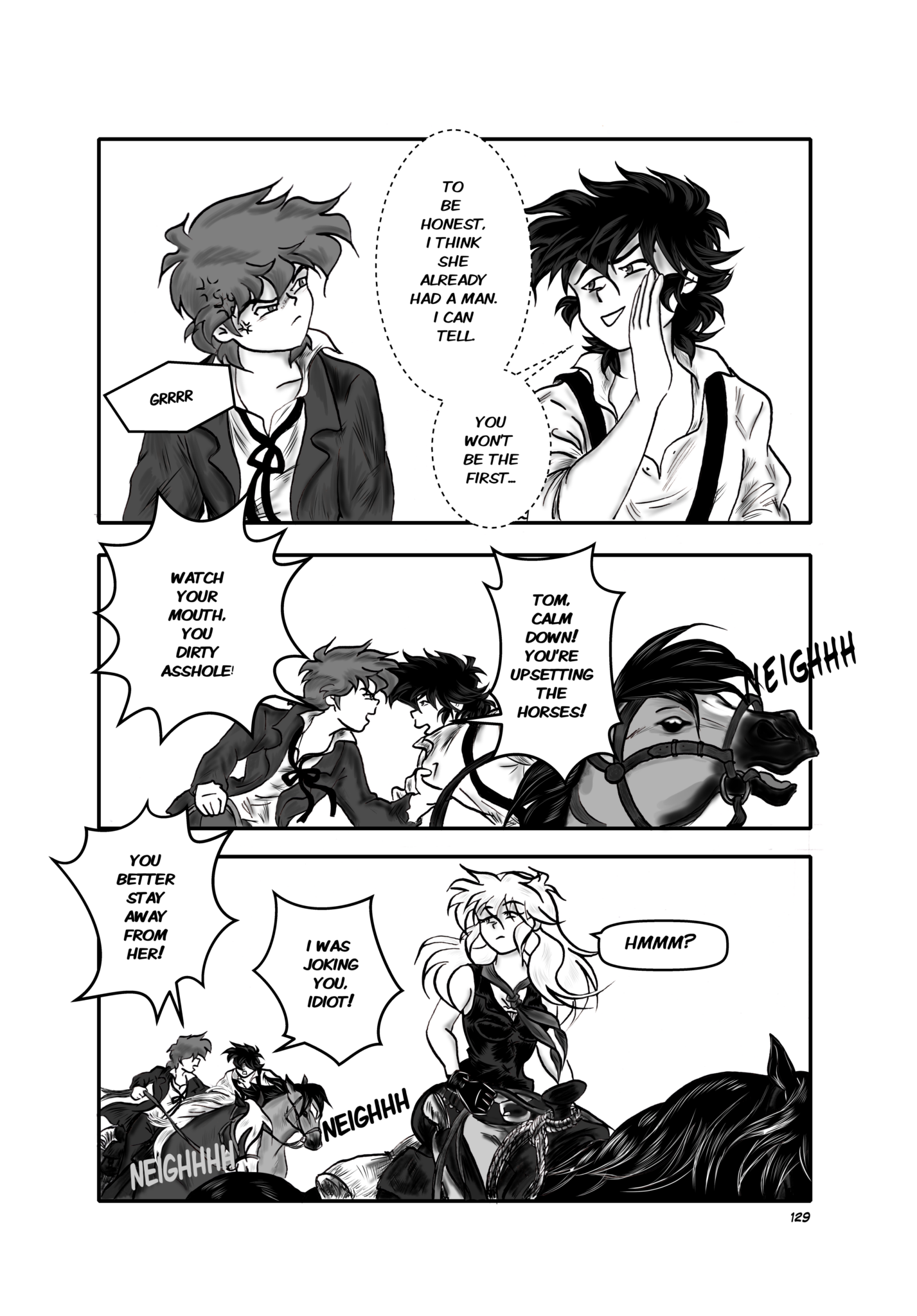 Legends of the West graphic novel page 129. Three panels page Tom and Huckbegin to argue.