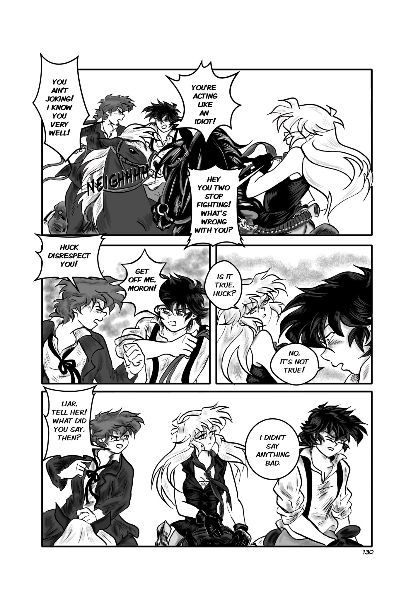 Legends of the West graphic novel page 130. Four panels page Sally interrupt Huck and Tom who are arguing.