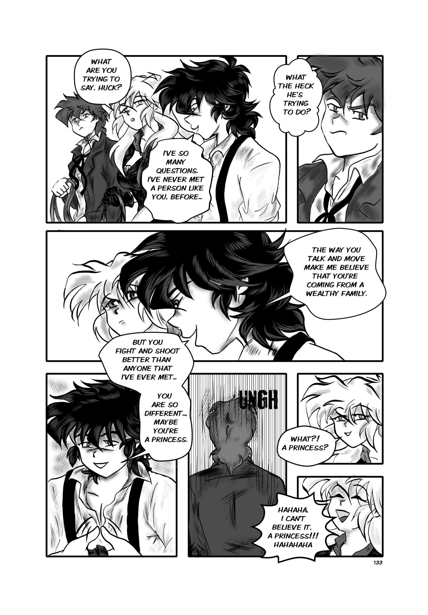 Legends of the West graphic novel page 133. Seven [panels comic page. Huck is telling to Sally he believes she is a princess.