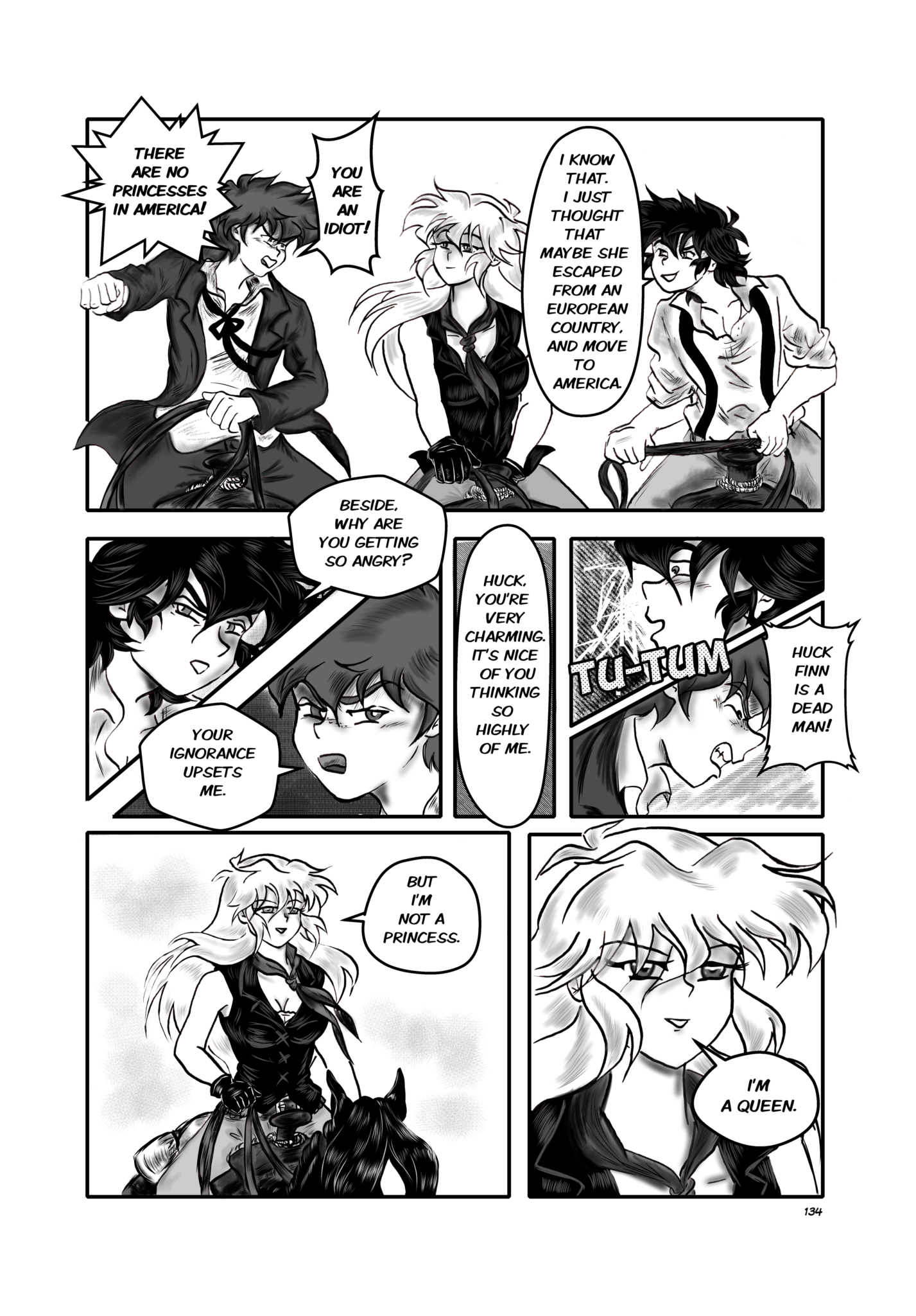 Legends of the West graphic novel page 134. Seven panels page black and white, and gray tones. Sally , Huck and Tom keep riding their horses.