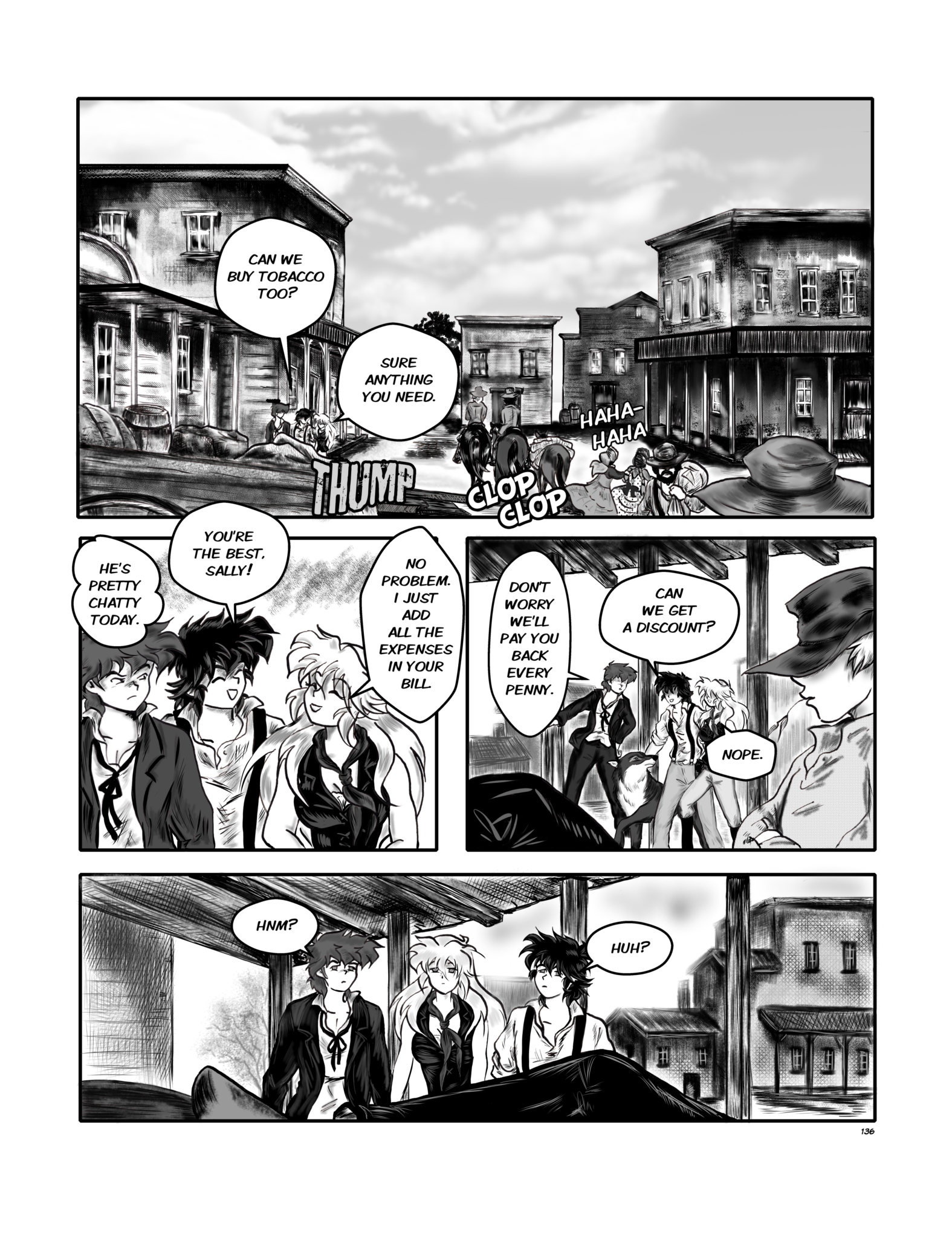 Legends of the West graphic novel page 136. Four panels page black, white, and grey tones illustration. Huck, Tom, and Sally are in a town.