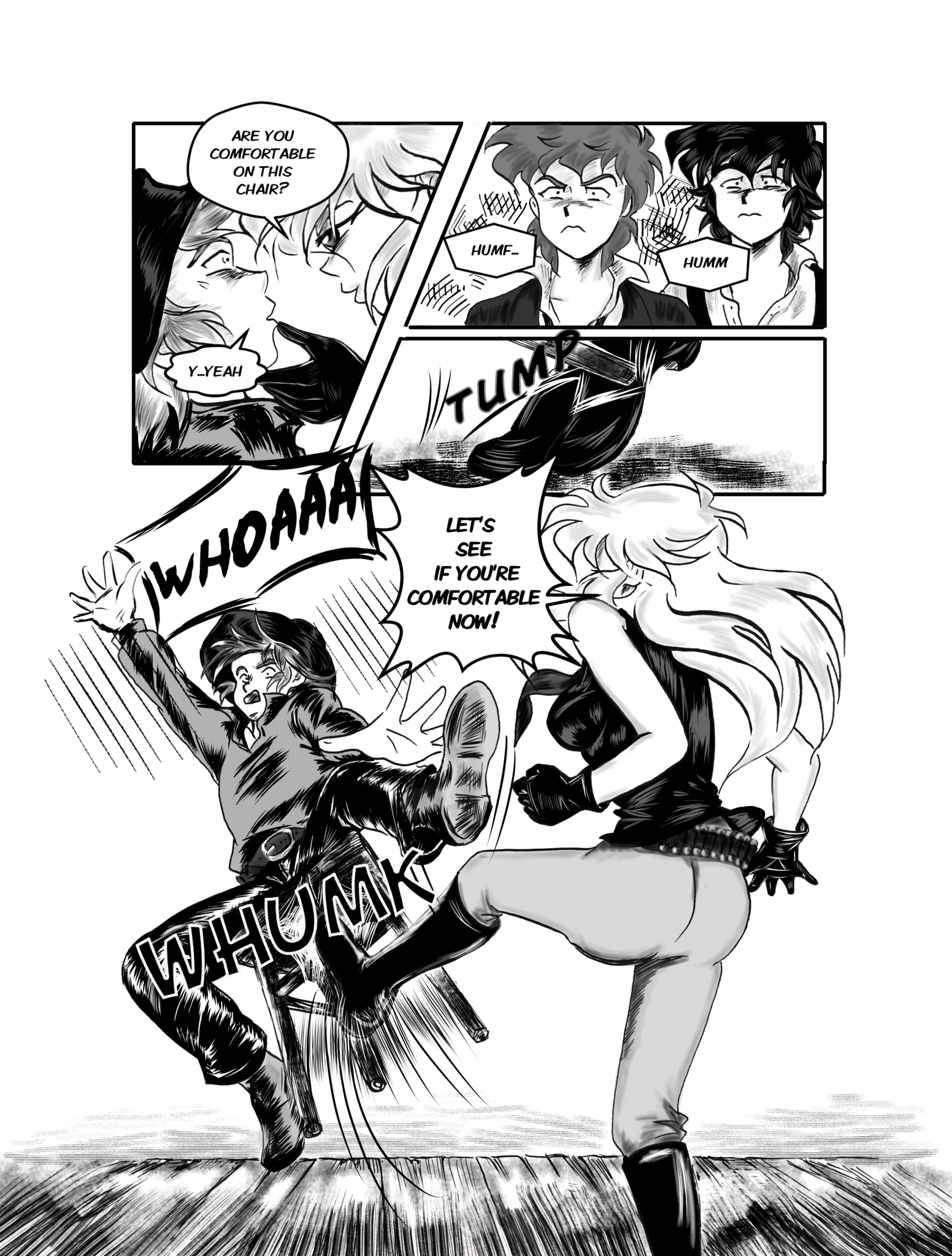 Legends of the West graphic novel page 139. Four panels page, black and white, with grey tones. Sally kicked the bully guy's chair trowing him in the ground.