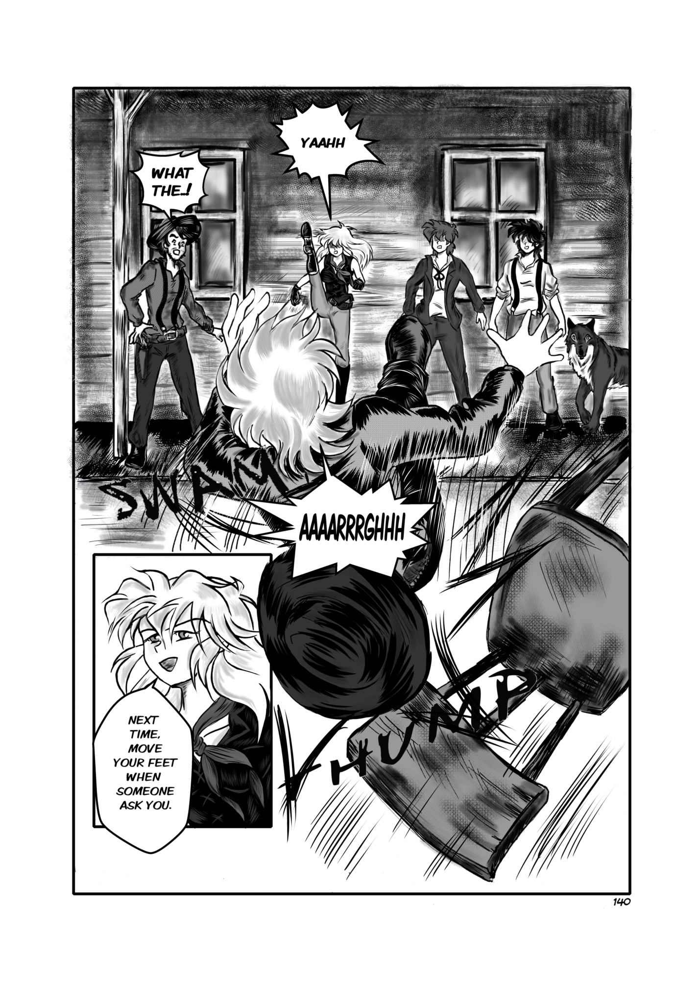 Legends of the West graphic novel page 140. Four panels page, black and white, with grey tones. The bully fell in the ground.
