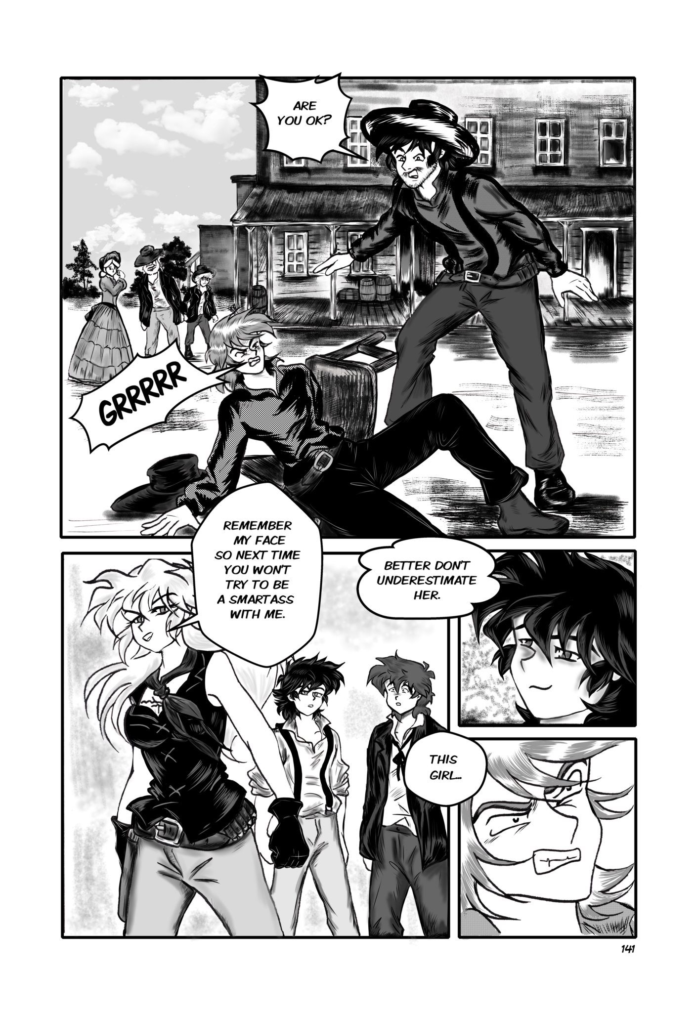 Legends of the West graphic novel page 141. Four panels page, black and white, with grey tones.