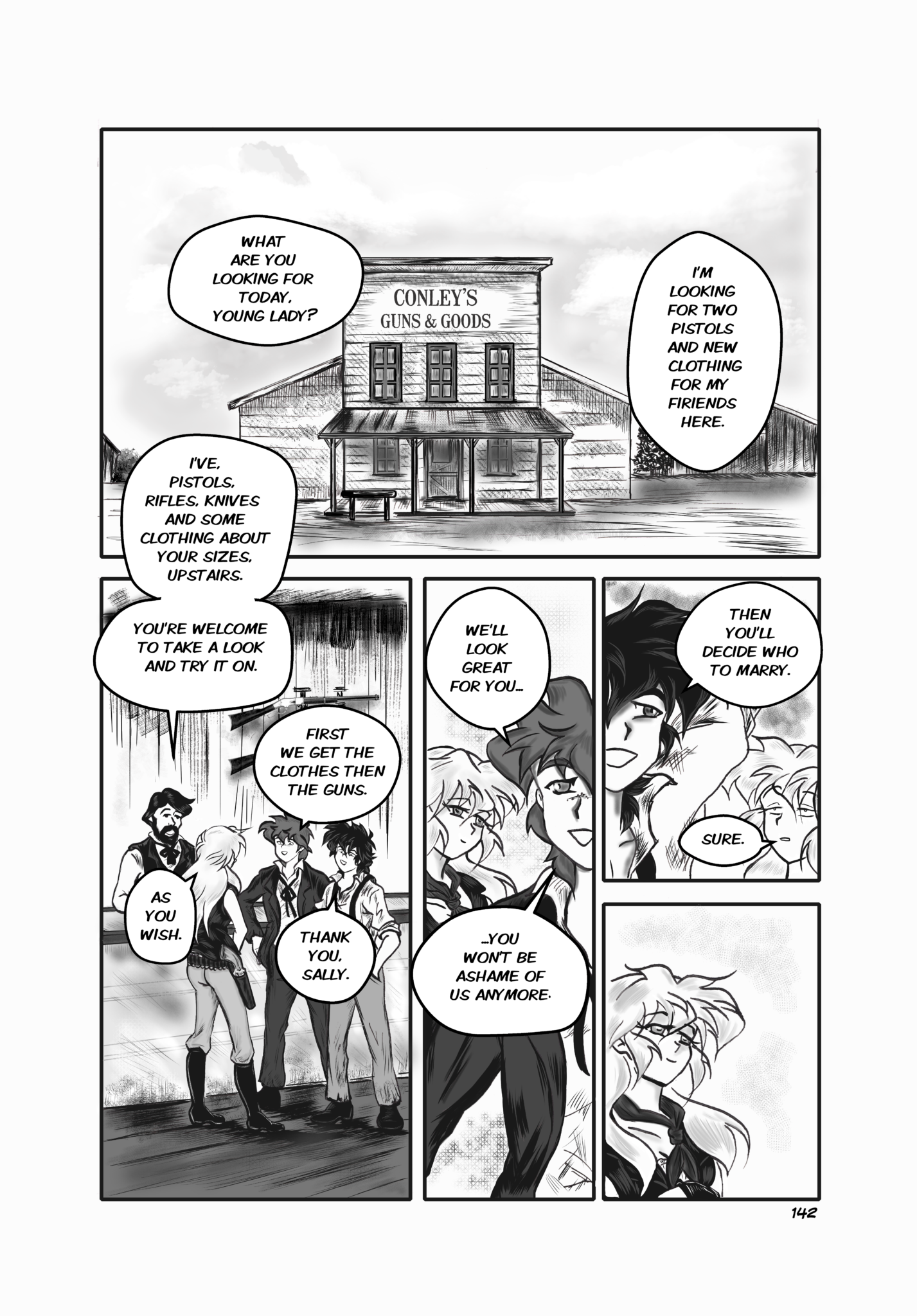 Legends of the West graphic novel page 138. Four panels page, black and white, with grey tones.