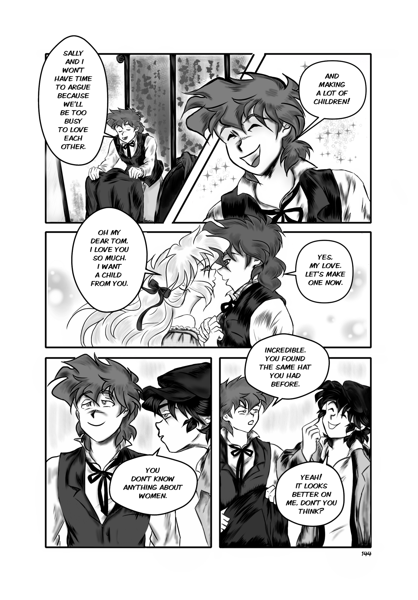 Legends of the West graphic novel page 144. Four panels page, black and white, with grey tones.Tom is dreaming about marrying Sally.