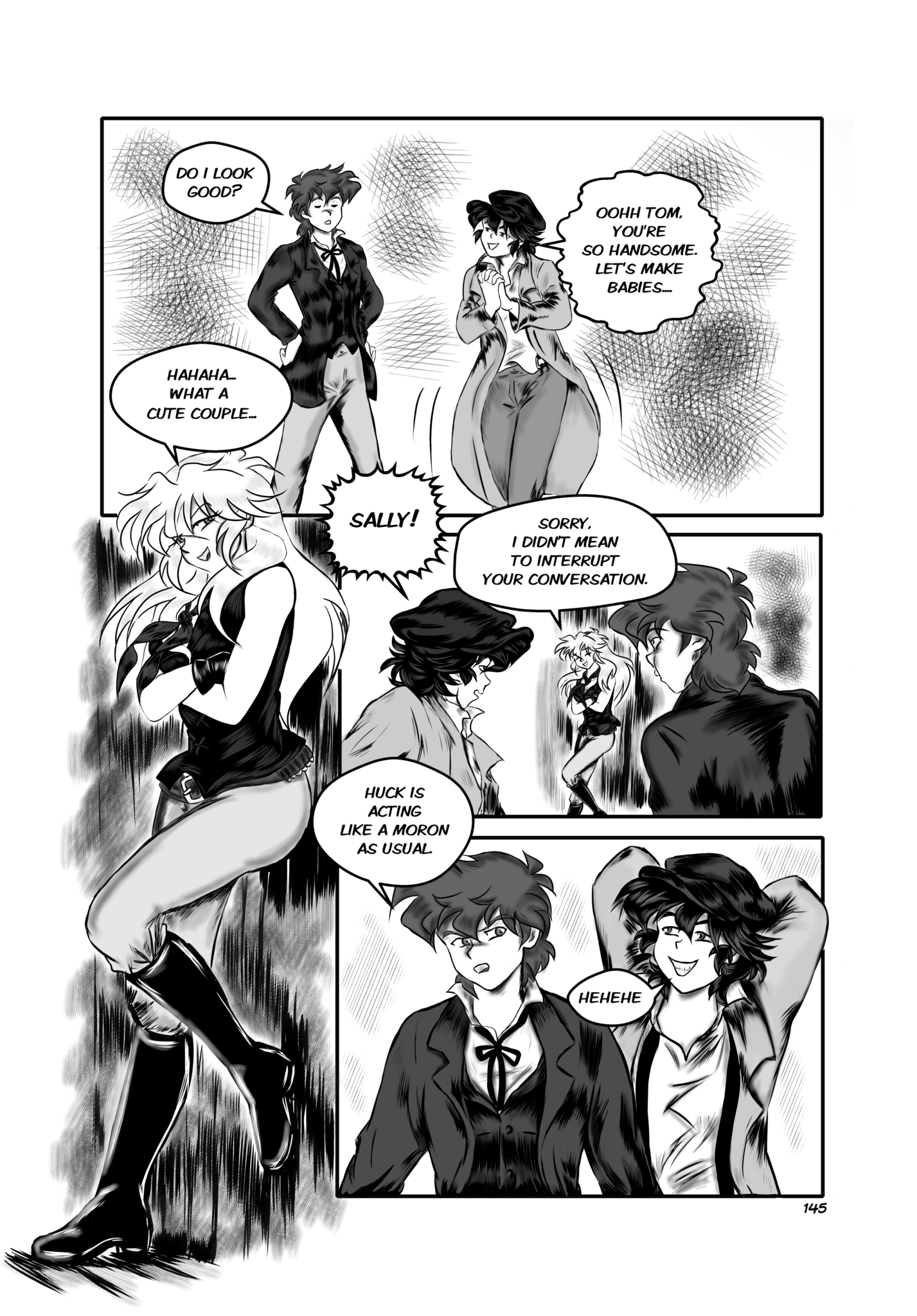 Legends of the West graphic novel page 145. Four panels page, black and white, with grey tones. Sally interrupt Tom and Huck who are talking about her.