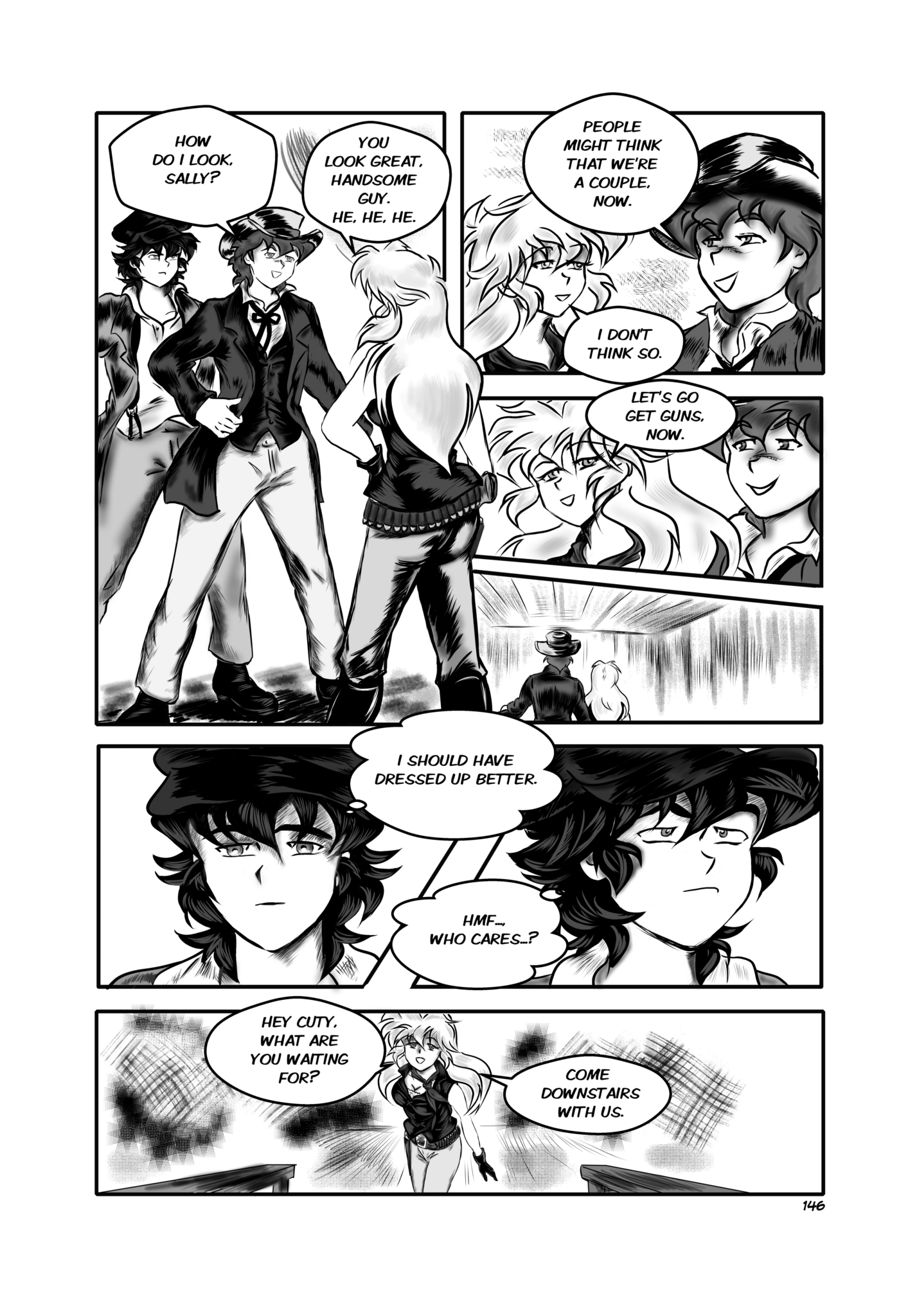 Legends of the West graphic novel page 146. Four panels page, black and white, with grey tones.