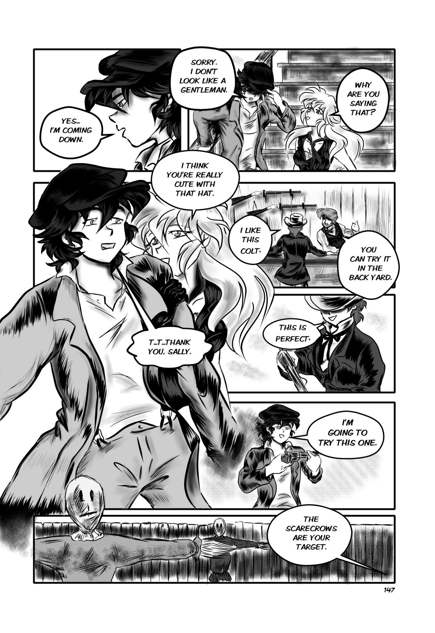 Legends of the West graphic novel page 147. Five panels page, black and white, with grey tones. Sally grabs Huck by the arm.