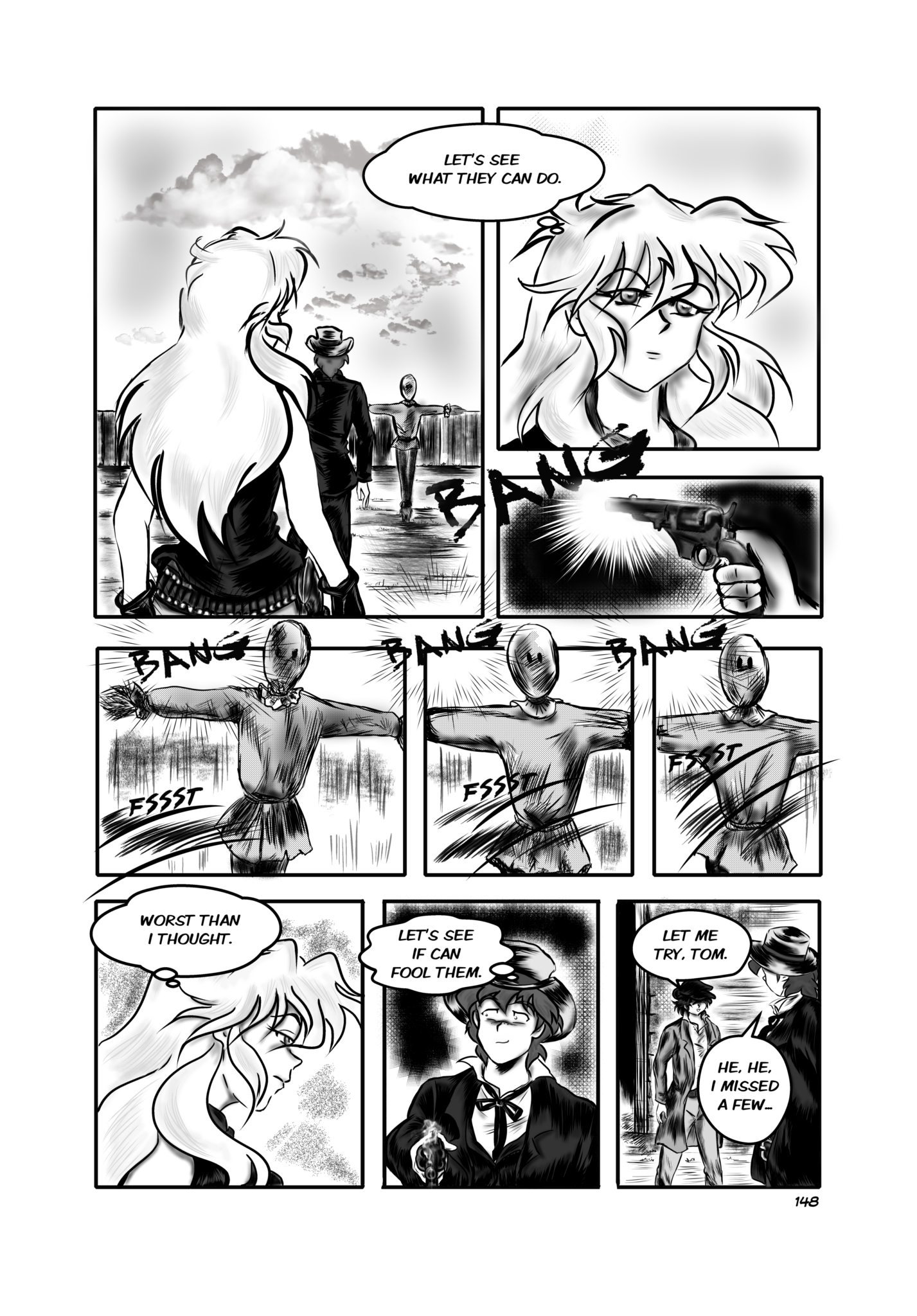 Legends of the West graphic novel page 148. Nine panels page, black and white, with grey tones.