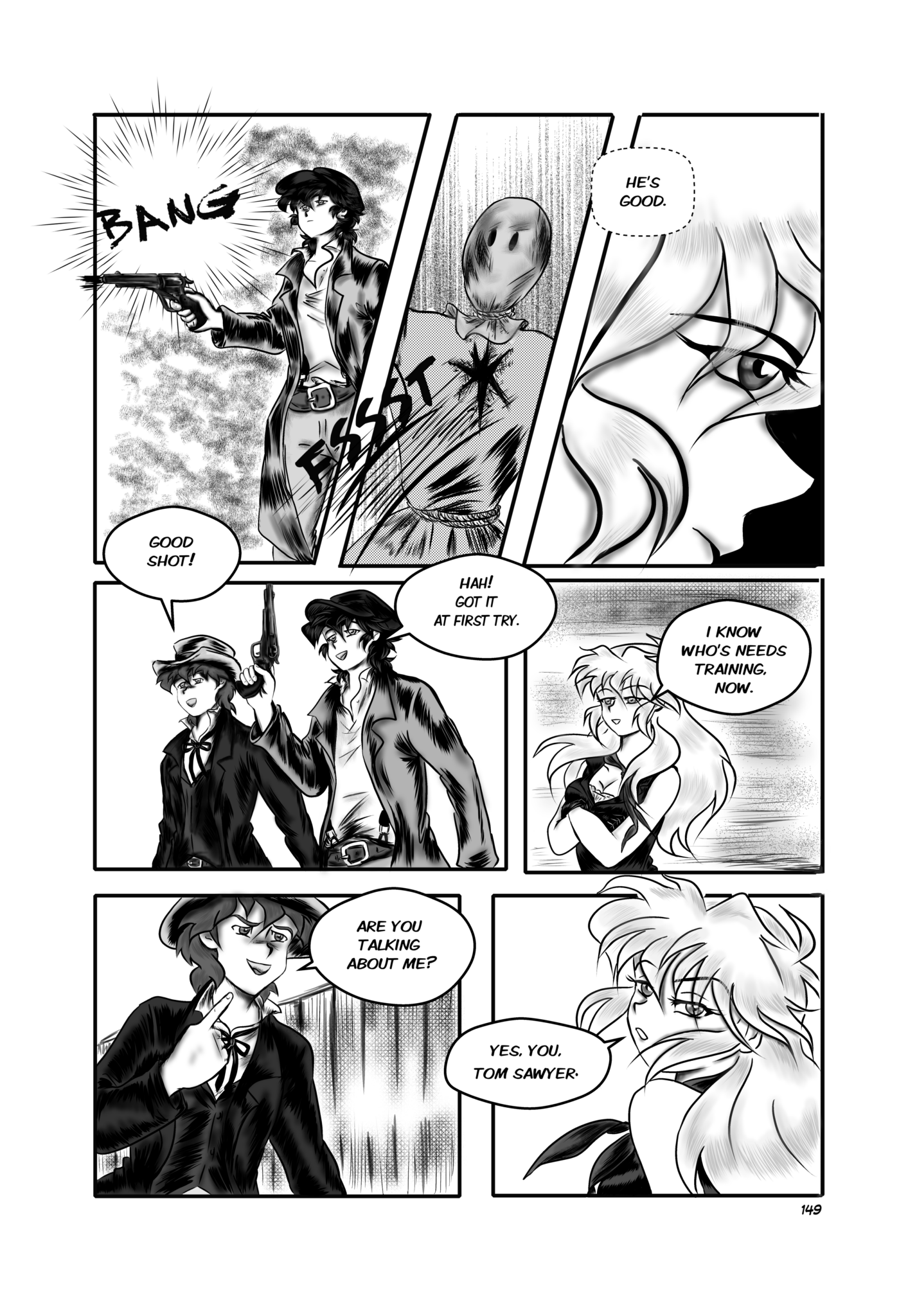 Legends of the West graphic novel page 149. Seven panels page, black and white, with grey tones. Sally observing Huck shooting skill.