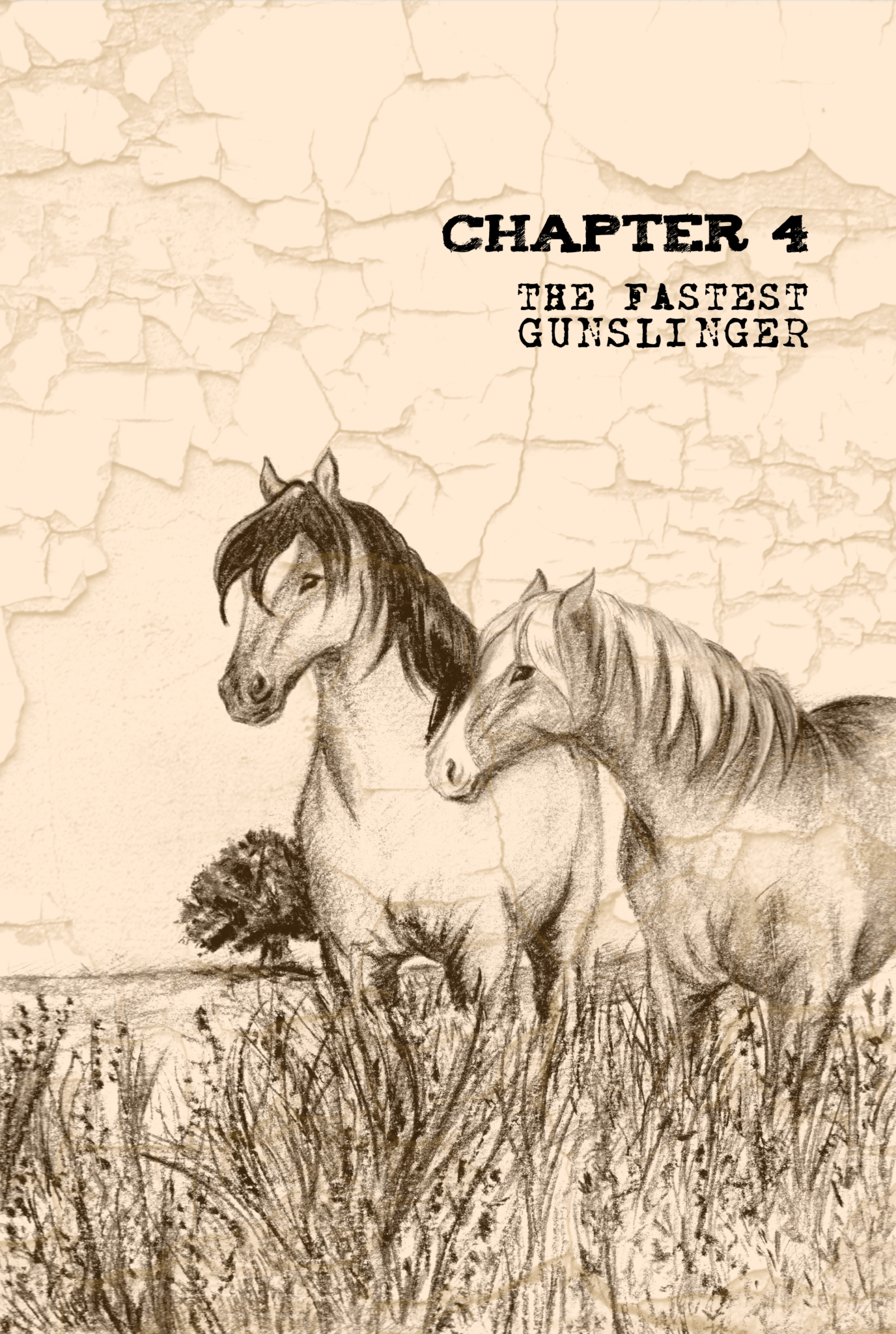 Legends of the West Chapter 4 cover, pencil illustration two horses in the grass field. Sepia color background.
