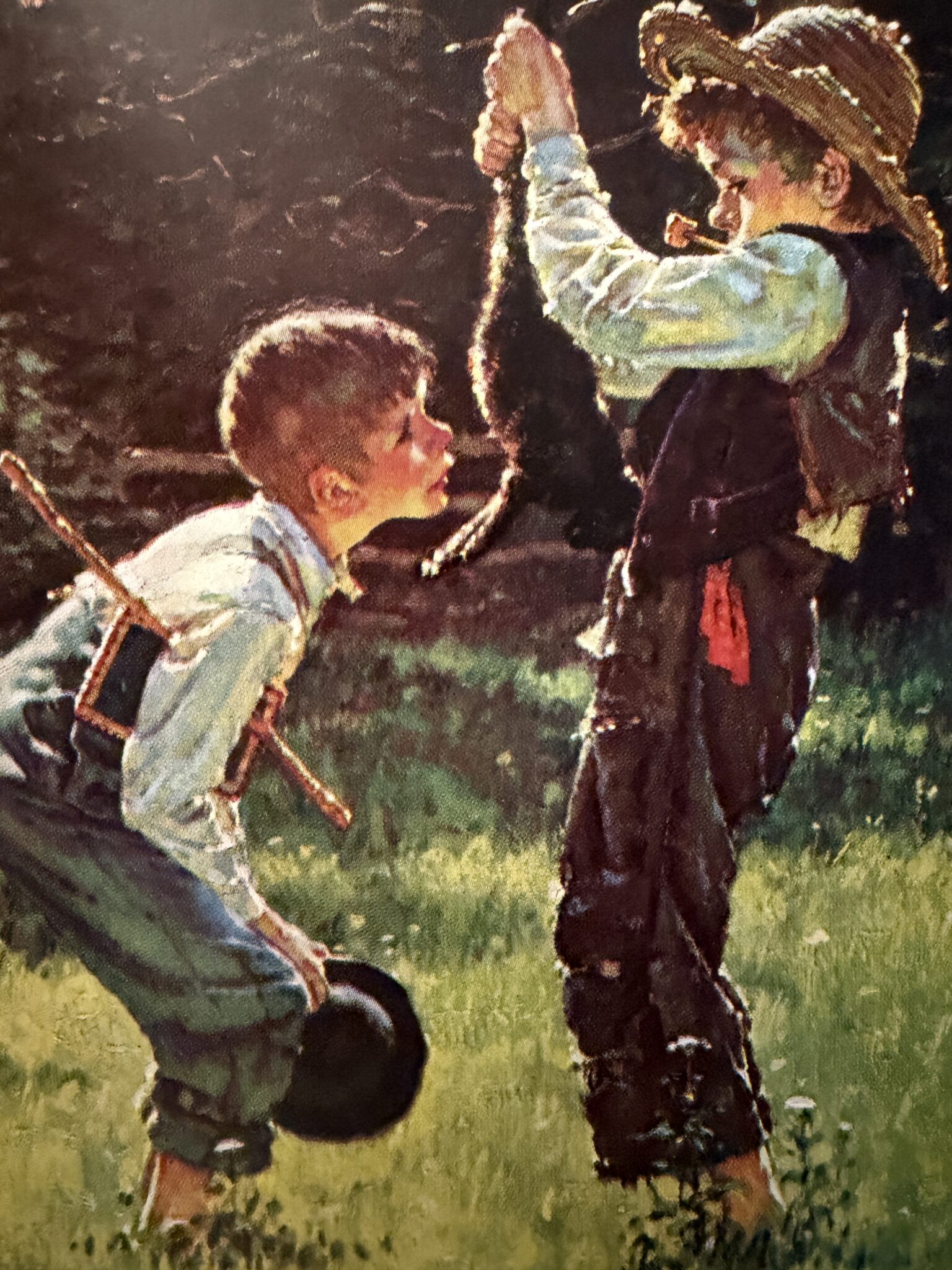 Tom Sawyer and Huckleberry Finn painting by Norman Rockwell. Huckleberry is showing to Tom a dead cat.