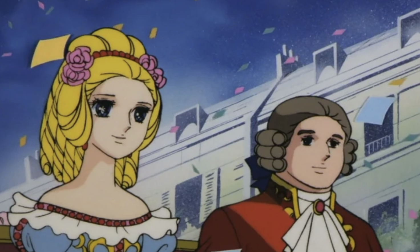 The Rose of Versailles anime. Marie Antoinette and Louis XVI, riding on a carriage parading Paris when they were princess and prince.