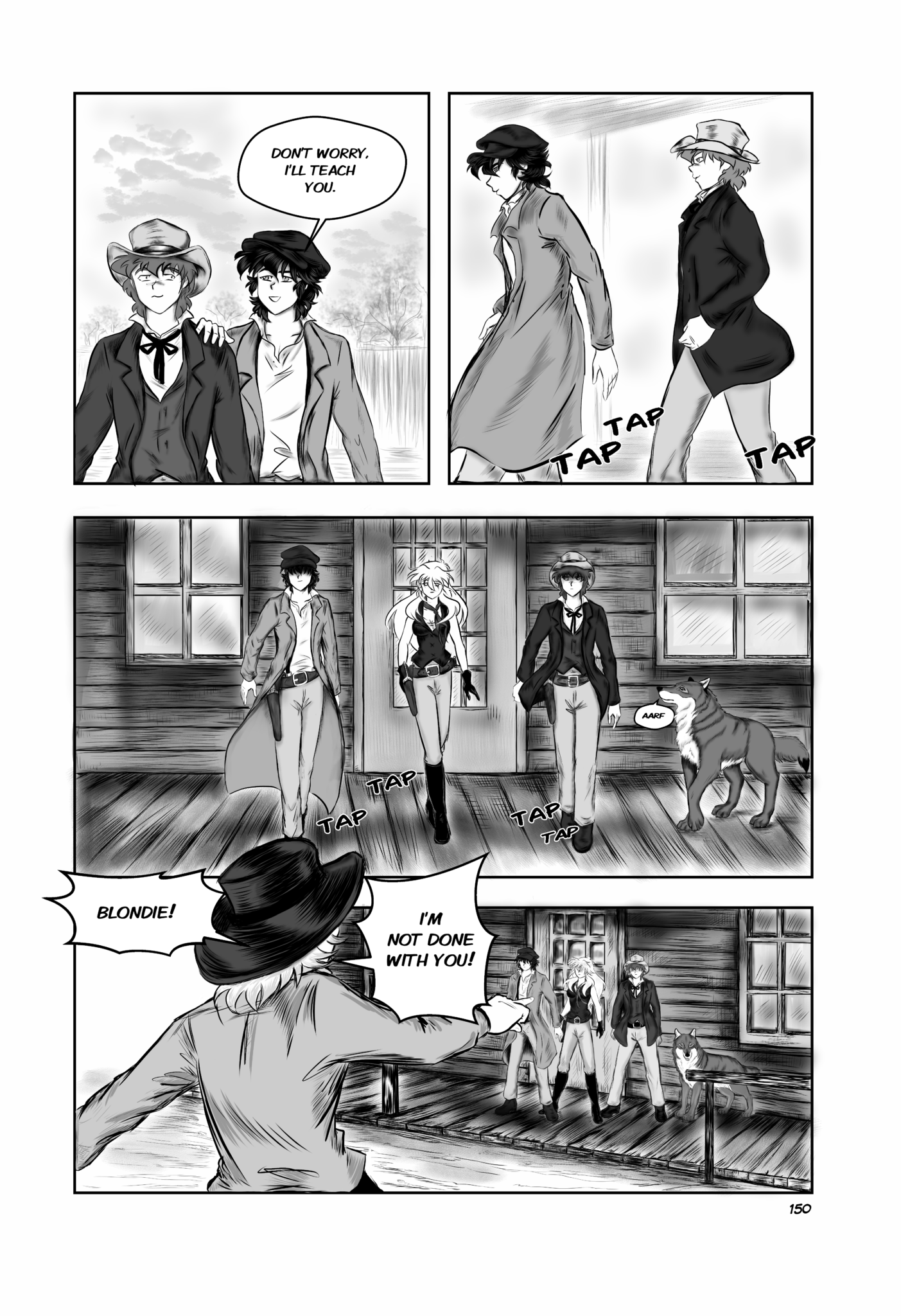 Legends of the West graphic novel page 150, Huck, Tom, and Sally get out from the general store where they bought guns and clothing. The bully shows up again yelling at them.