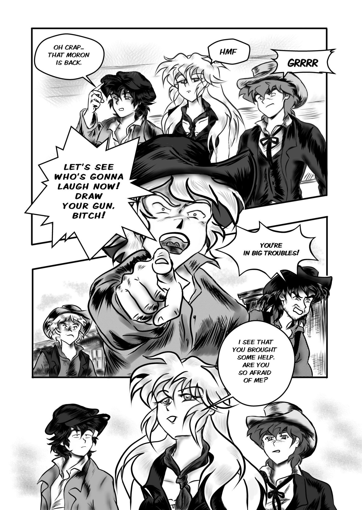 Legends of the West graphic novel page 151, three panels page, the bully is insulting Sally. Black, and white illustration with grey tones.