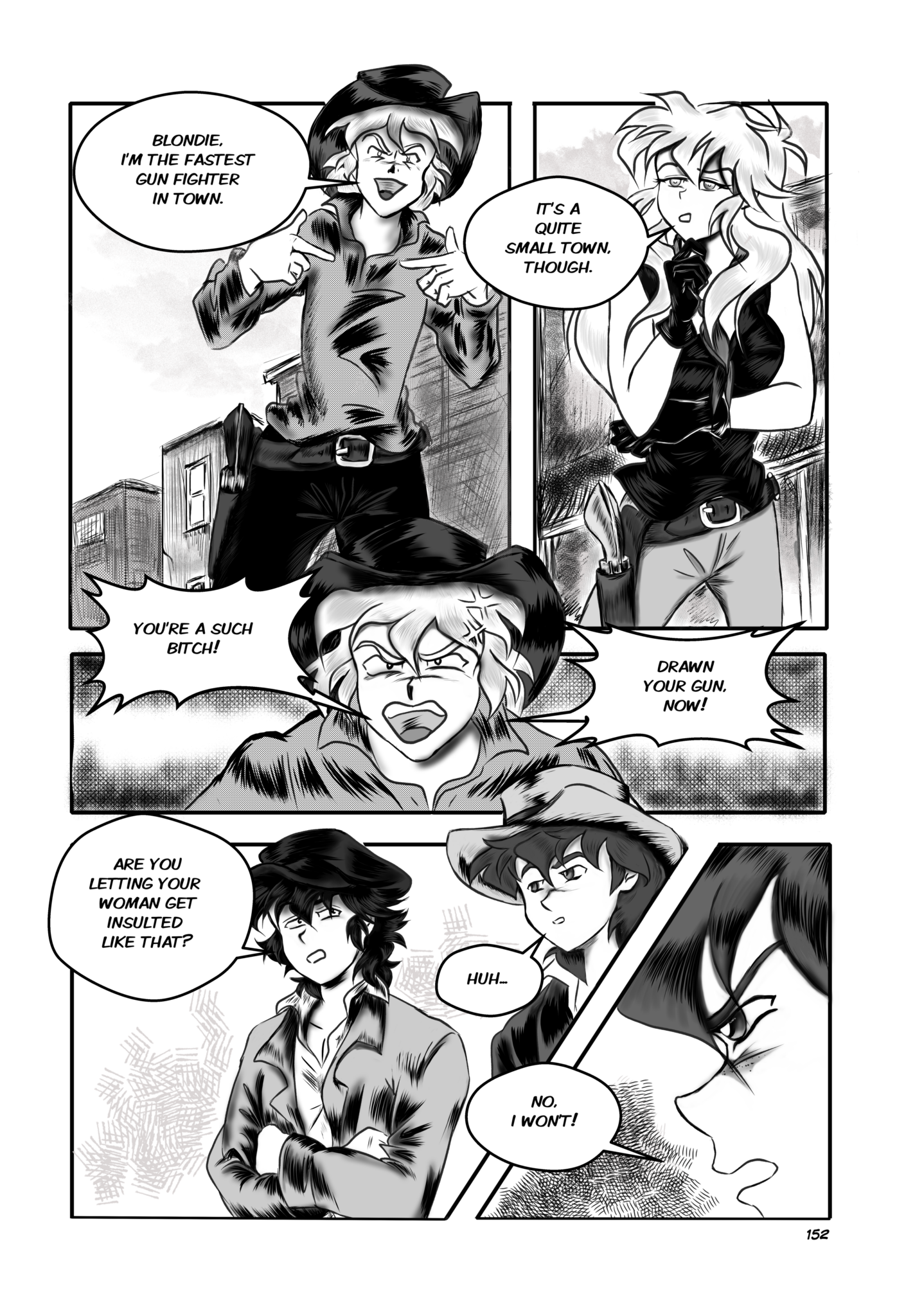 Legends of the West graphic novel page 152, five panels page. Black , and white with grey tones illustration. Sally is challenging the bully. While Huck is asking Tom is he just not going to defend Sally.