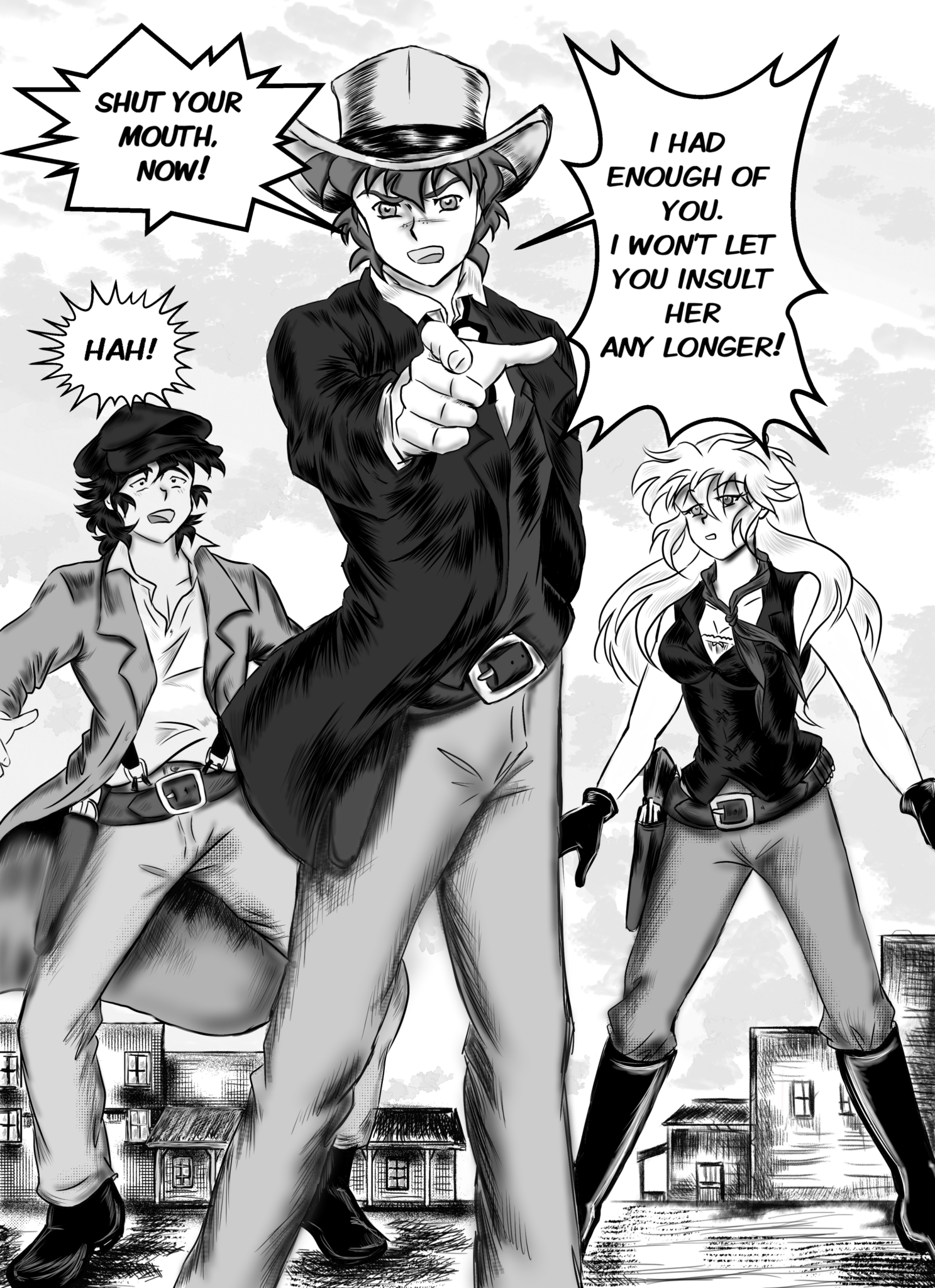 Legends of the West graphic novel page 153, five panels page. Black , and white with grey tones illustration. Entire page panel. Tom in the center of the page challenges the bully, while Huck and Sally are in the back looking at Tom.