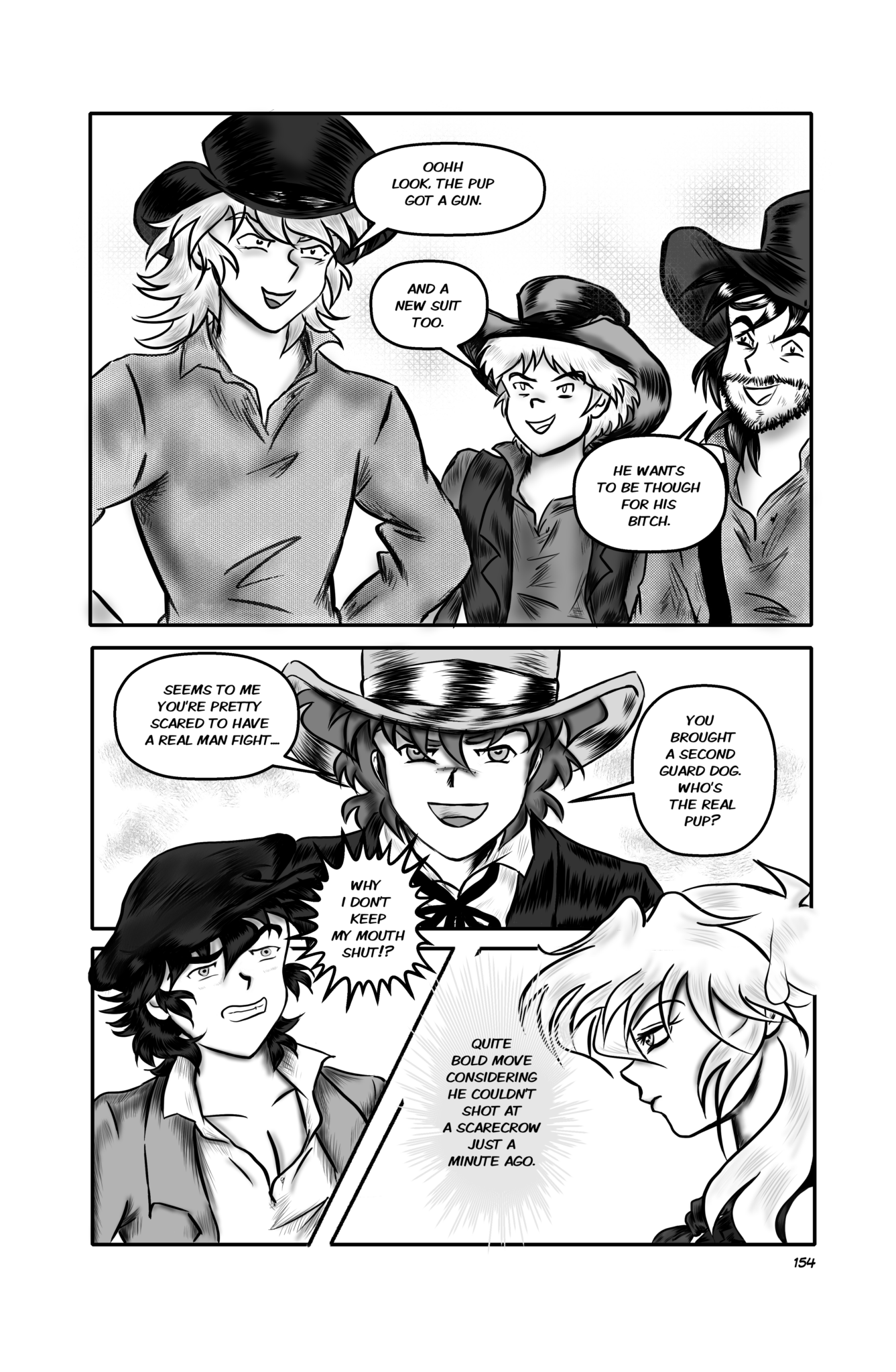 Legends of the West page 154 graphic novel. Three panels page Tom is challenging the three guy to a guns fight.