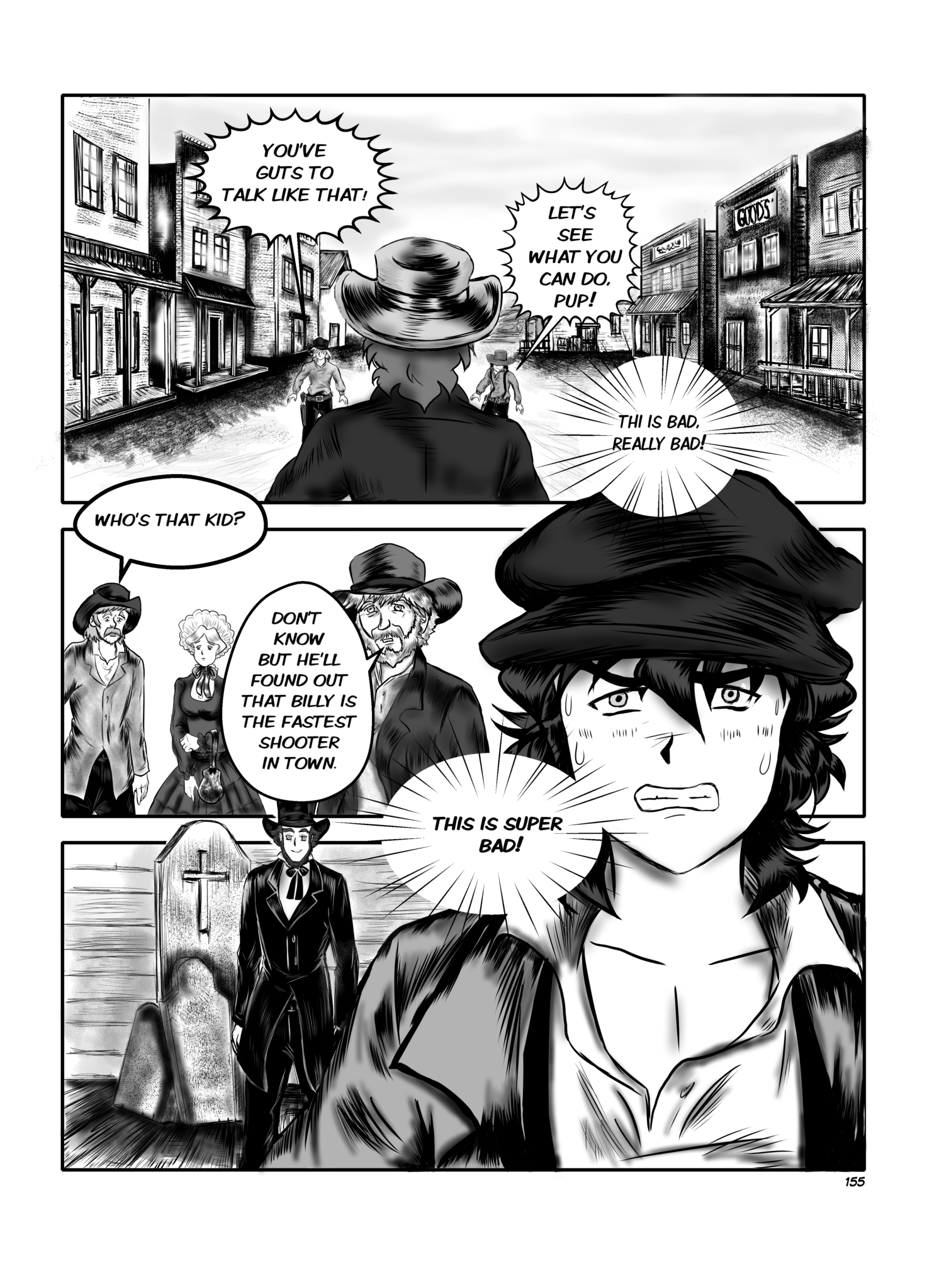 Legends of the West page 155, 3 panels graphic novel page, Tom is challenging three guys, Huck is getting worried.