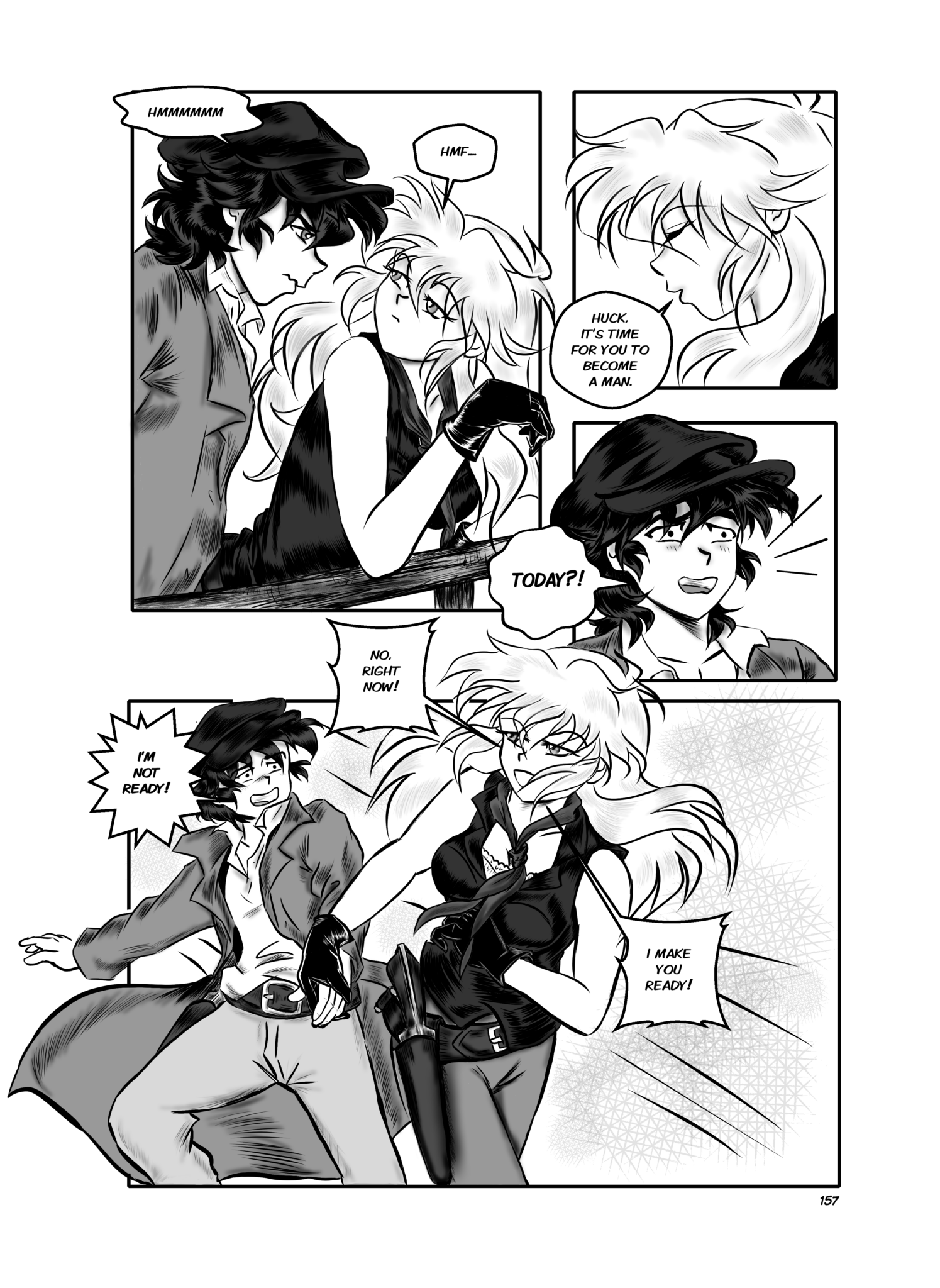 Legends of the West chapter 4 page 157. Four panel page Huck asking Sally to help Tom.