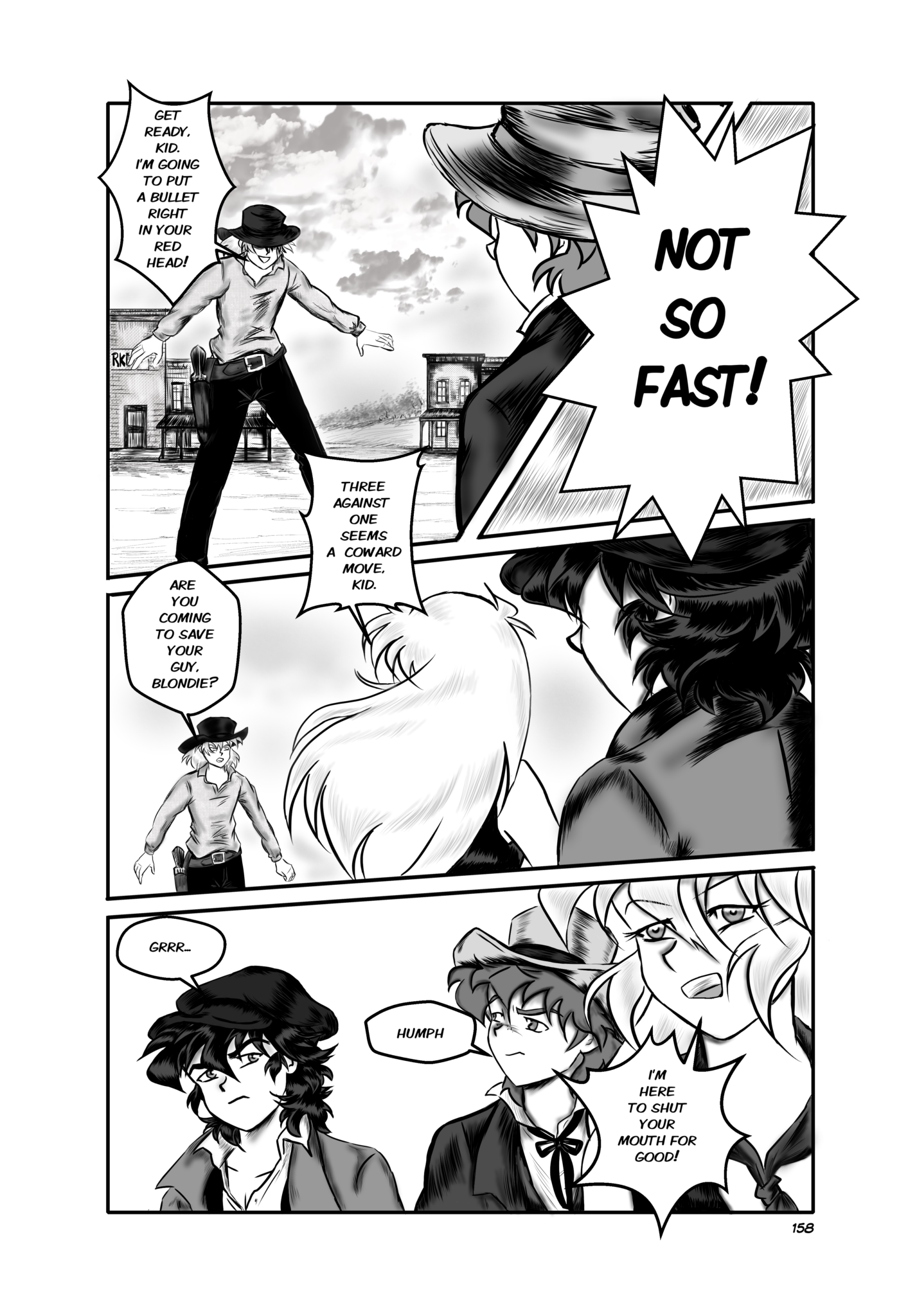 Legends of the West chapter 4 page 158, three panels page . Sally intervene to stop Tom from challenging the three guys.