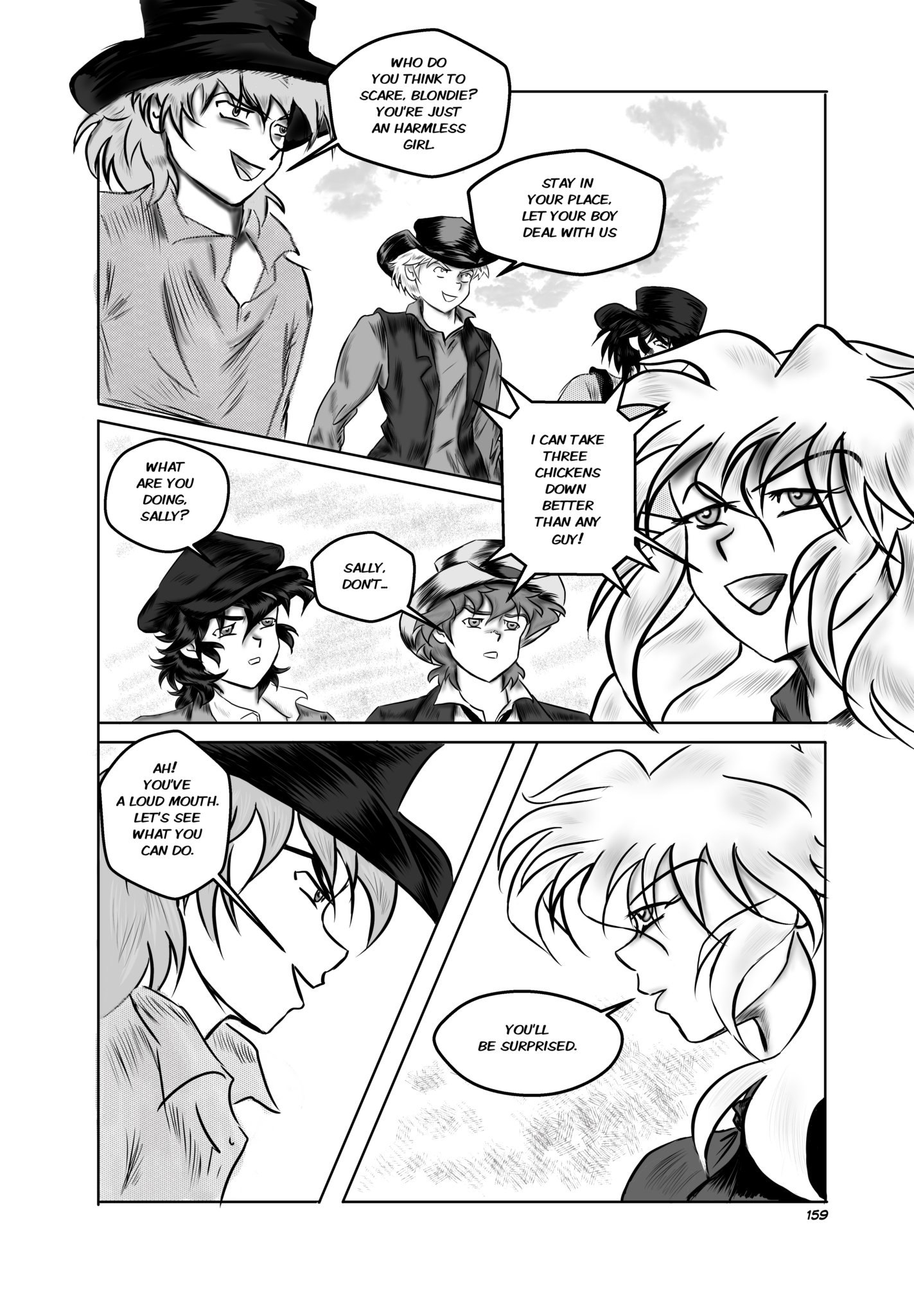 Legends of the West page 159 four panels. Sally is taking the situation in her hands.