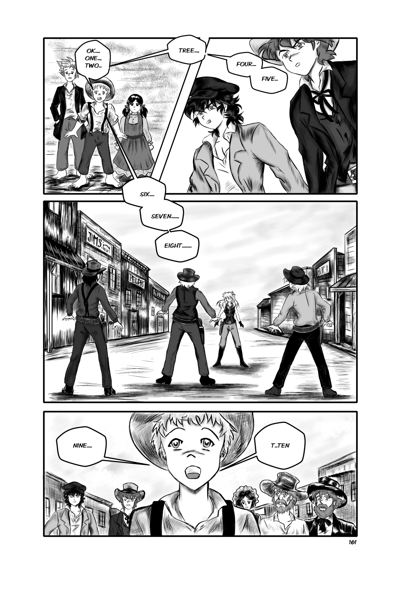 Legends of the West page 161 Chapter 4. Three panels page Sally is ready to shoot the three bullies.