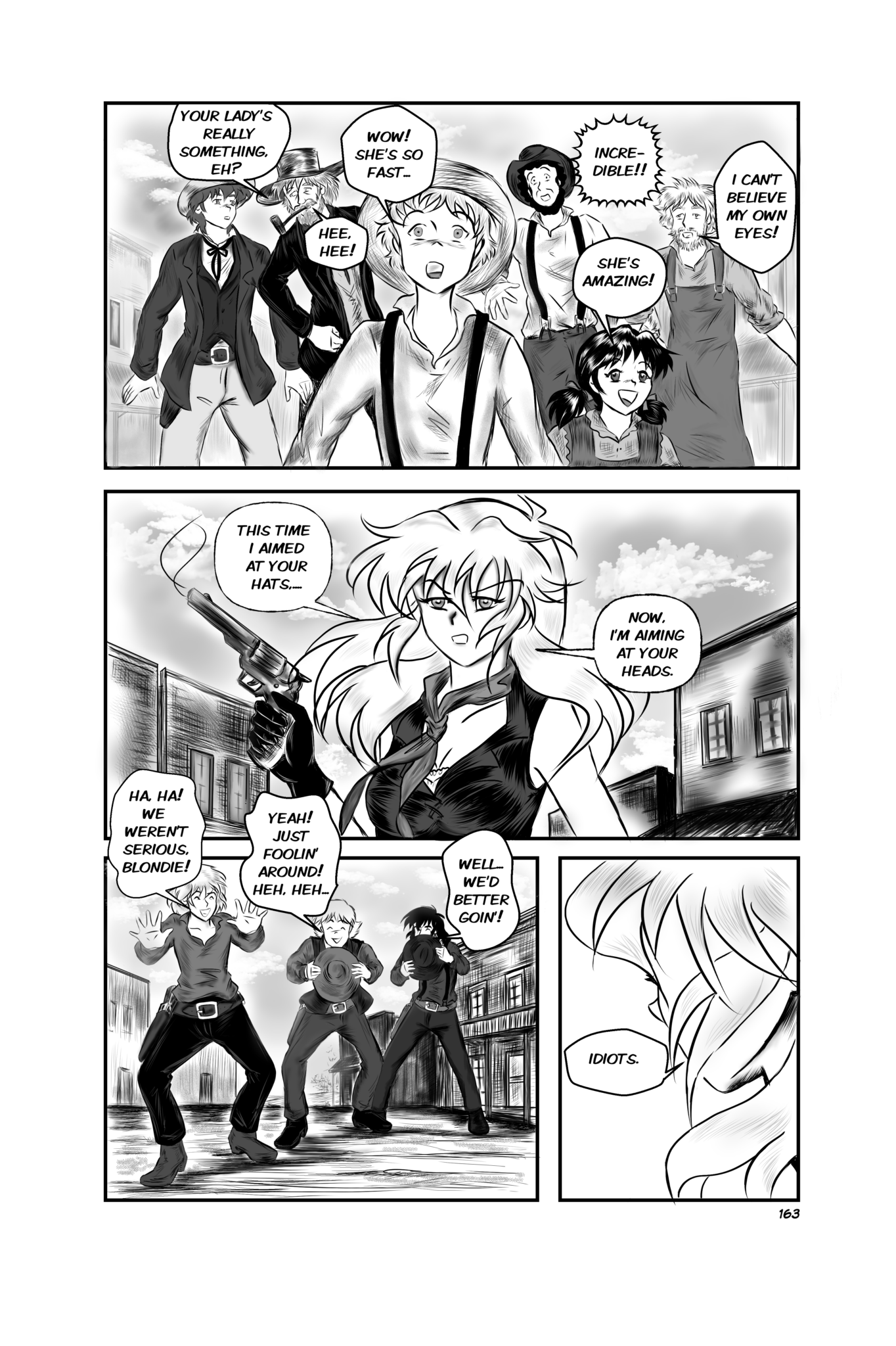 Legends of the West graphic novel, eight panels black and white , and gray tones. First panel Sally is questioning Huck.