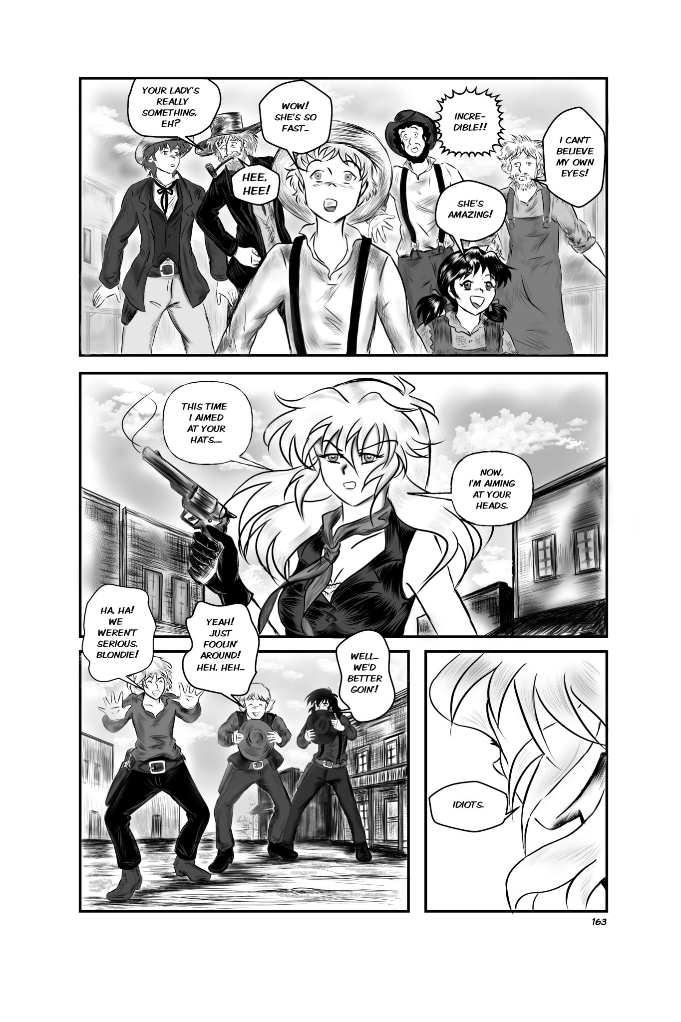 Legends of the West, Vol.1 chapter 4, page 163- four panels black and white, and grey tones, Sally McKay just shot at the hats of the three bullies.