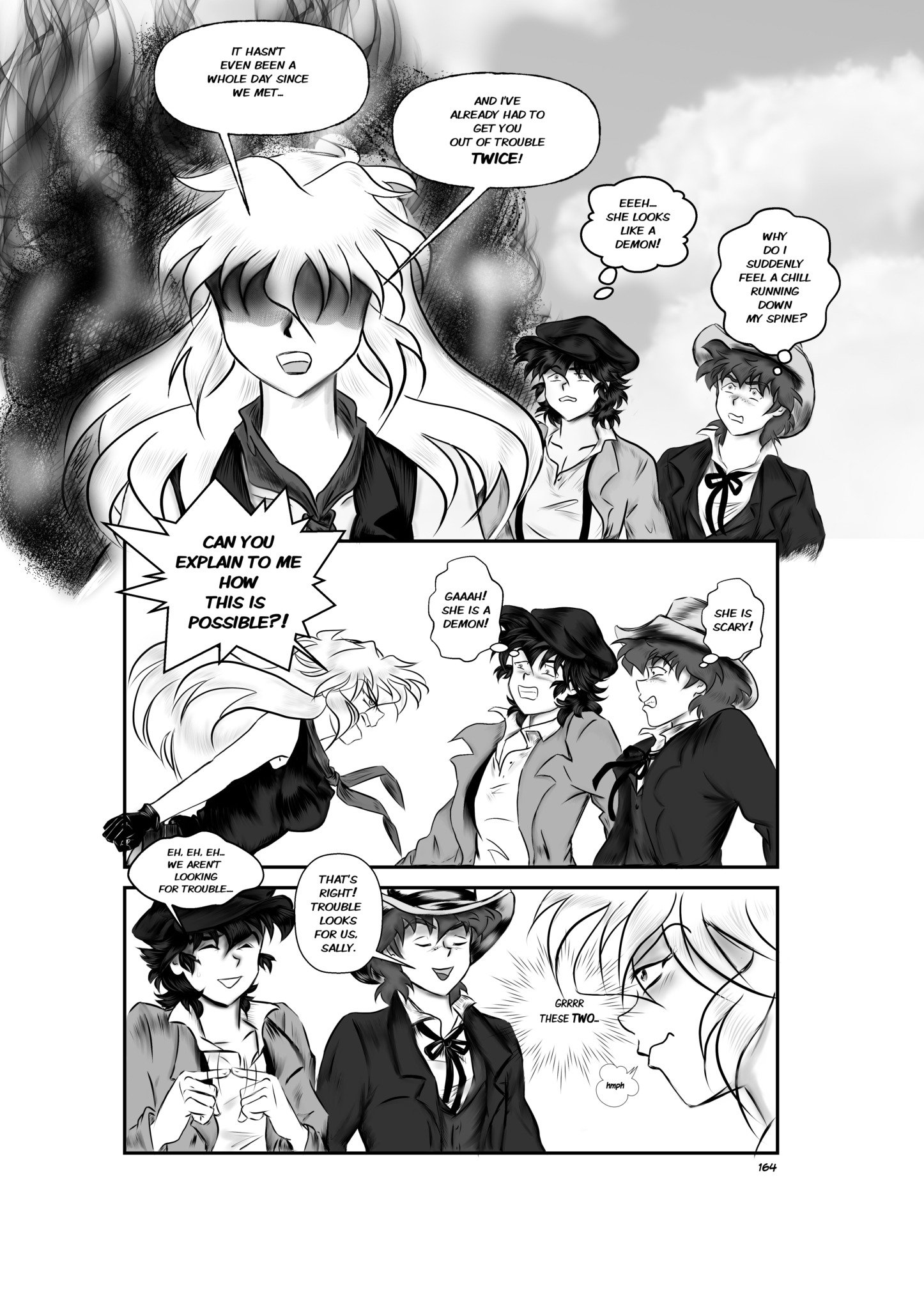 Legends of the West Page 164, three panels page in black, and white, with gray tones. Sally McKay is getting angry at Tom and Huck because she has to rescue them from troubles since they met.