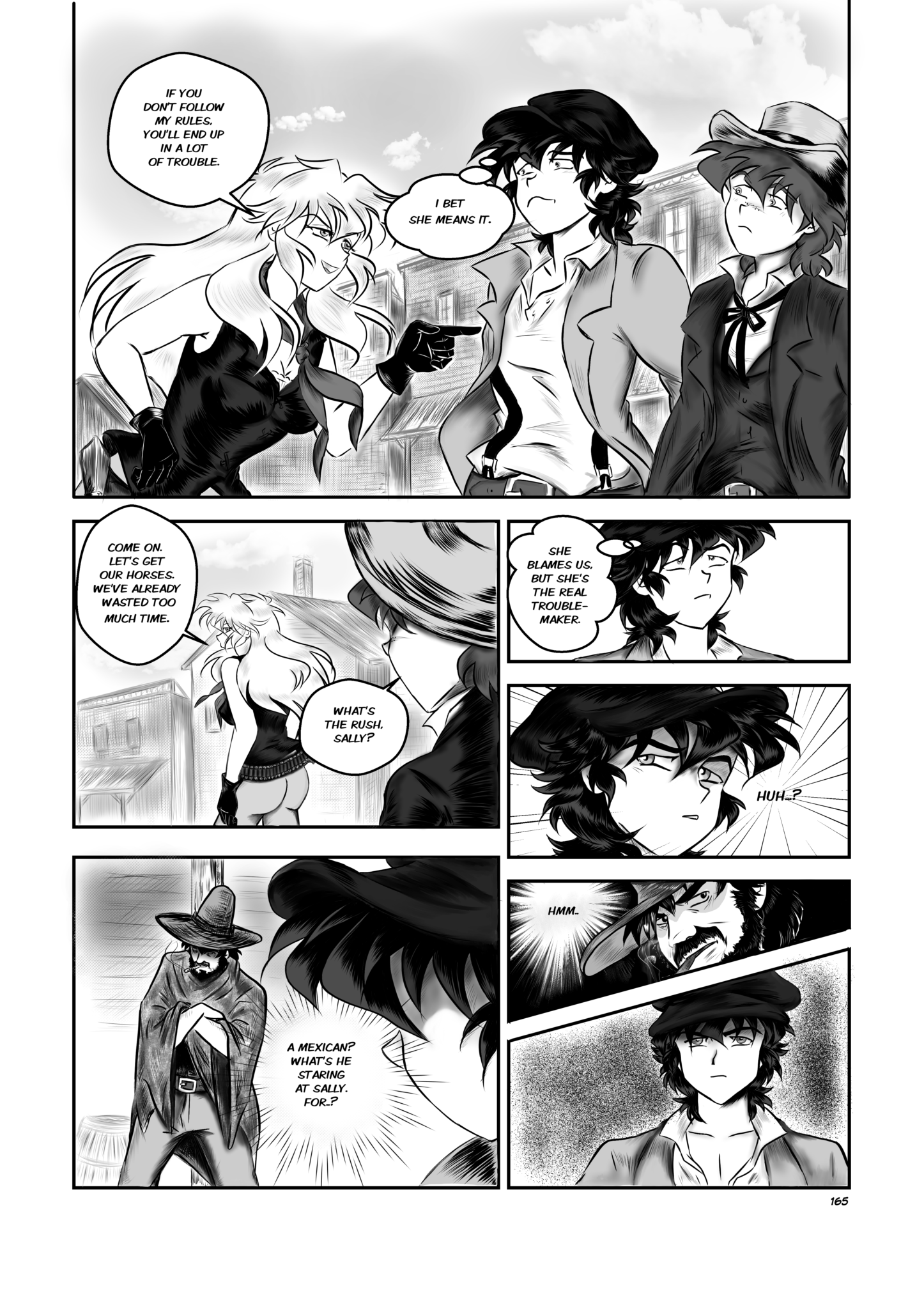 Legends of the West Page 165, seven panels page in black, and white, with gray tones. Huck is noticing a Mexican staring at Sally. He fills that something is off with that strange man and the two exchange a look.